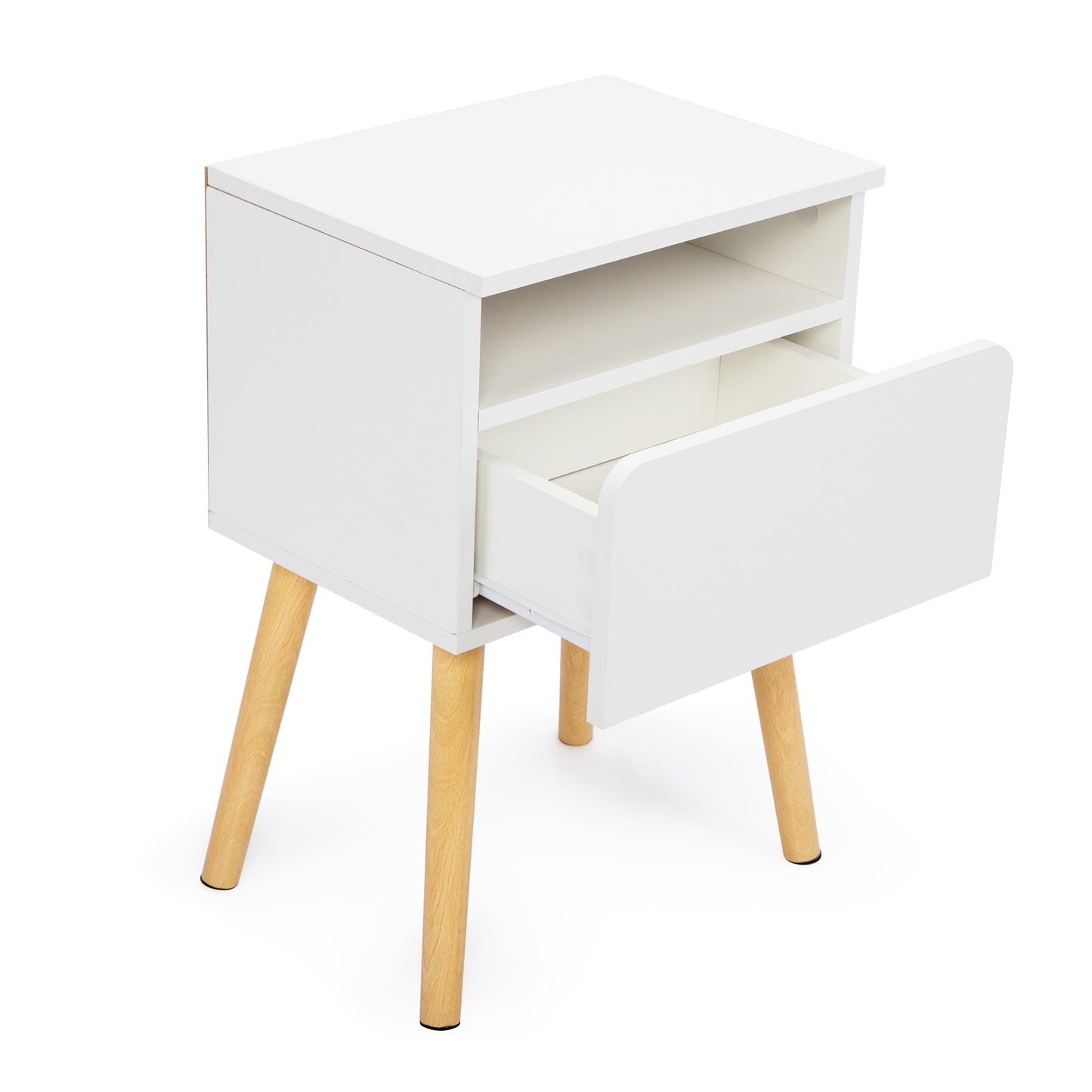 White bedside table with one open drawer and wooden tapered legs