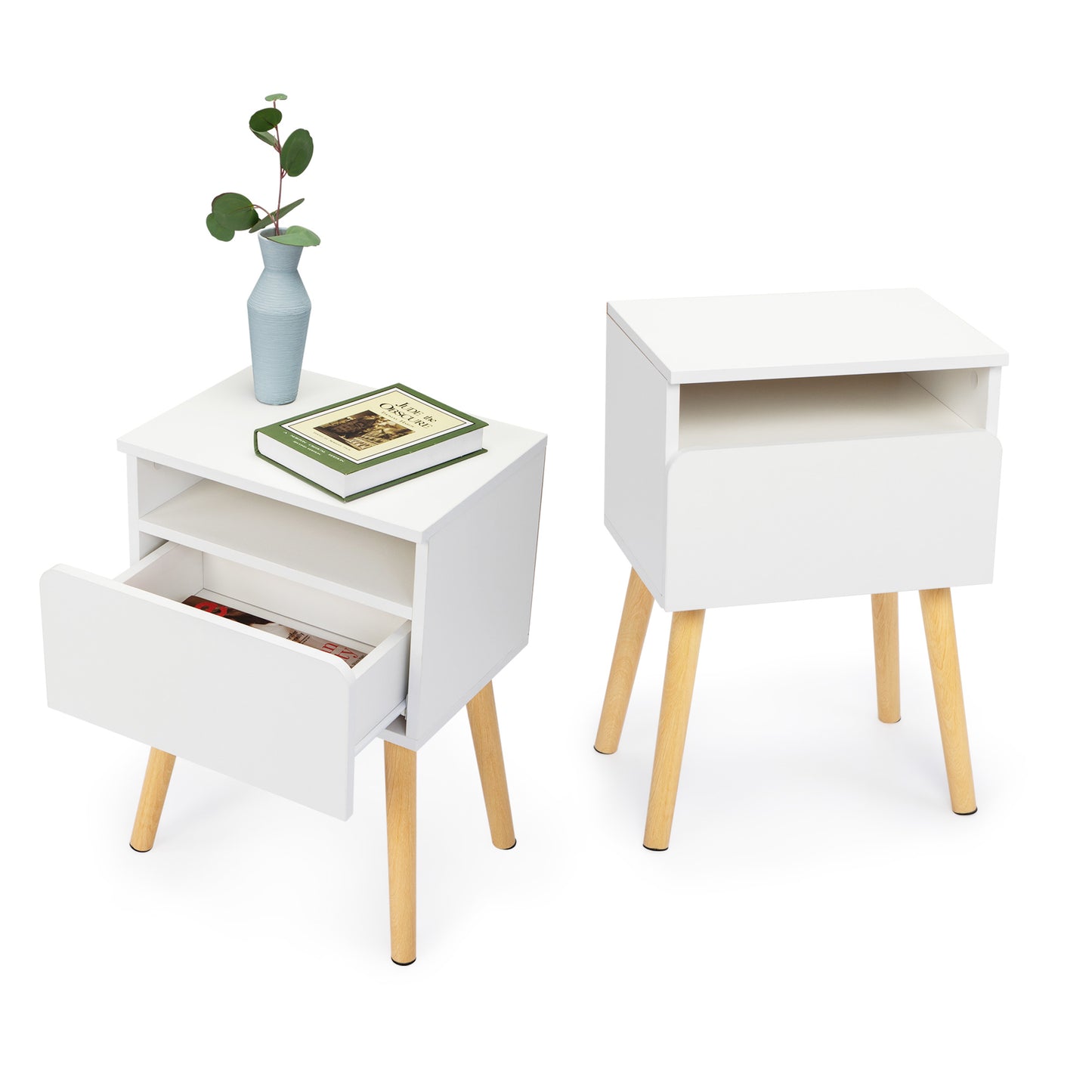 Modern white bedside table with drawer and open shelf natural wood legs