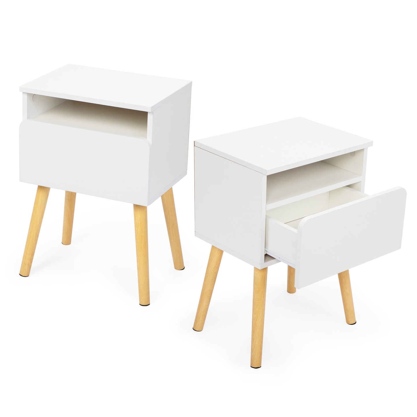 White modern nightstand with tapered wooden legs and open shelf storage