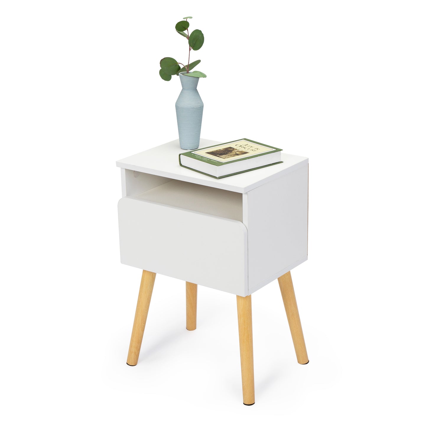White midcentury modern nightstand with tapered wooden legs and a drawer