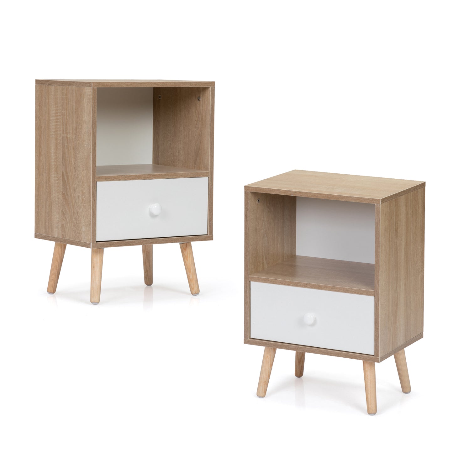 Light oak bedside table with white drawer and tapered wooden legs