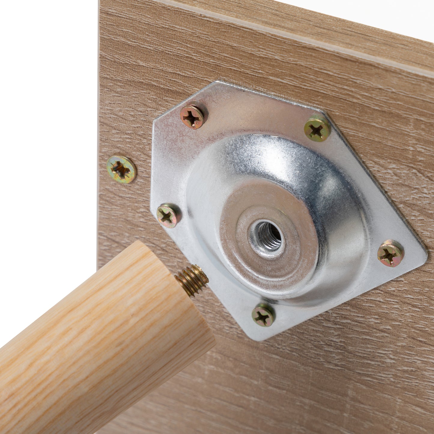 Wooden furniture leg with threaded screw inserting into a silver metal mounting plate