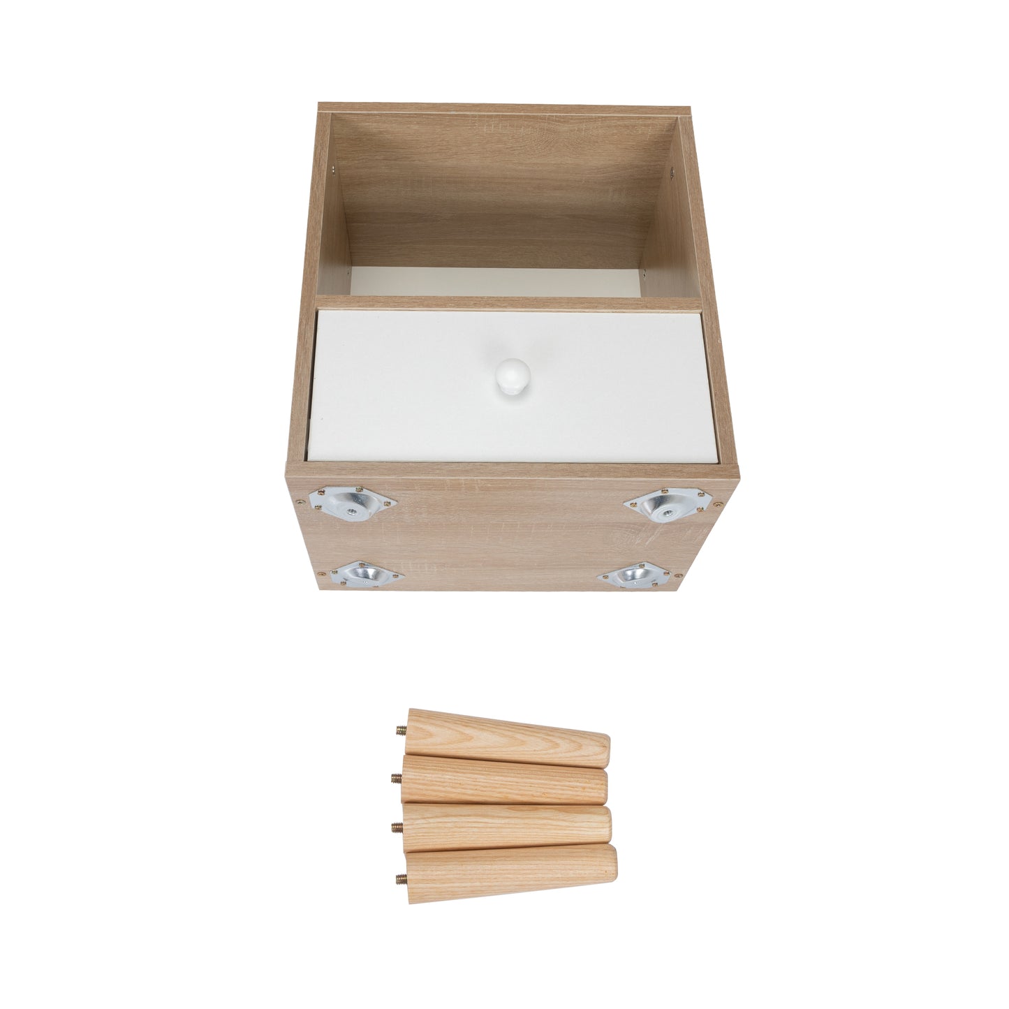 Oak effect cabinet frame with white drawer and wooden legs