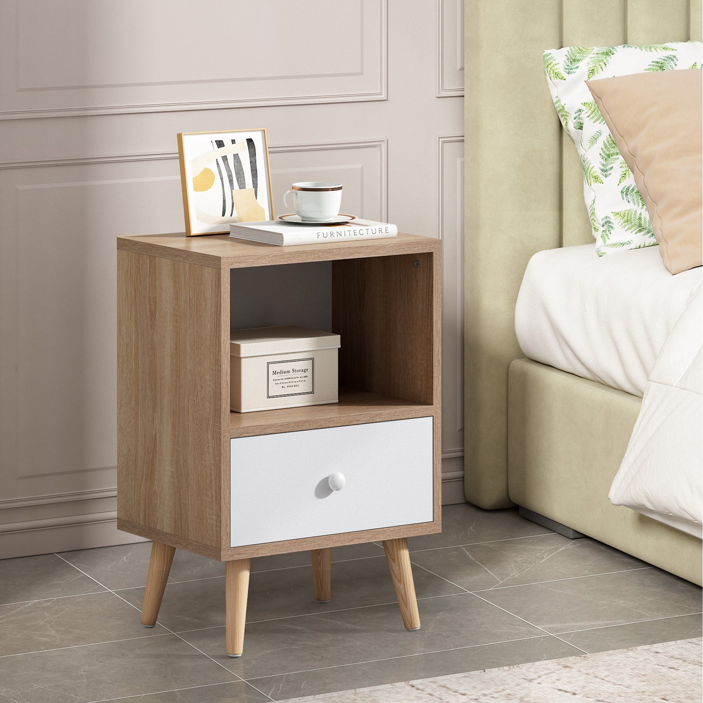 Natural wood bedside table with white drawer and open shelf characters