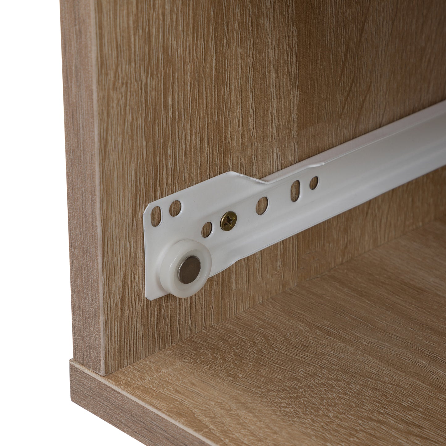 Closeup of a white drawer slide with a roller on wood grain laminate furniture