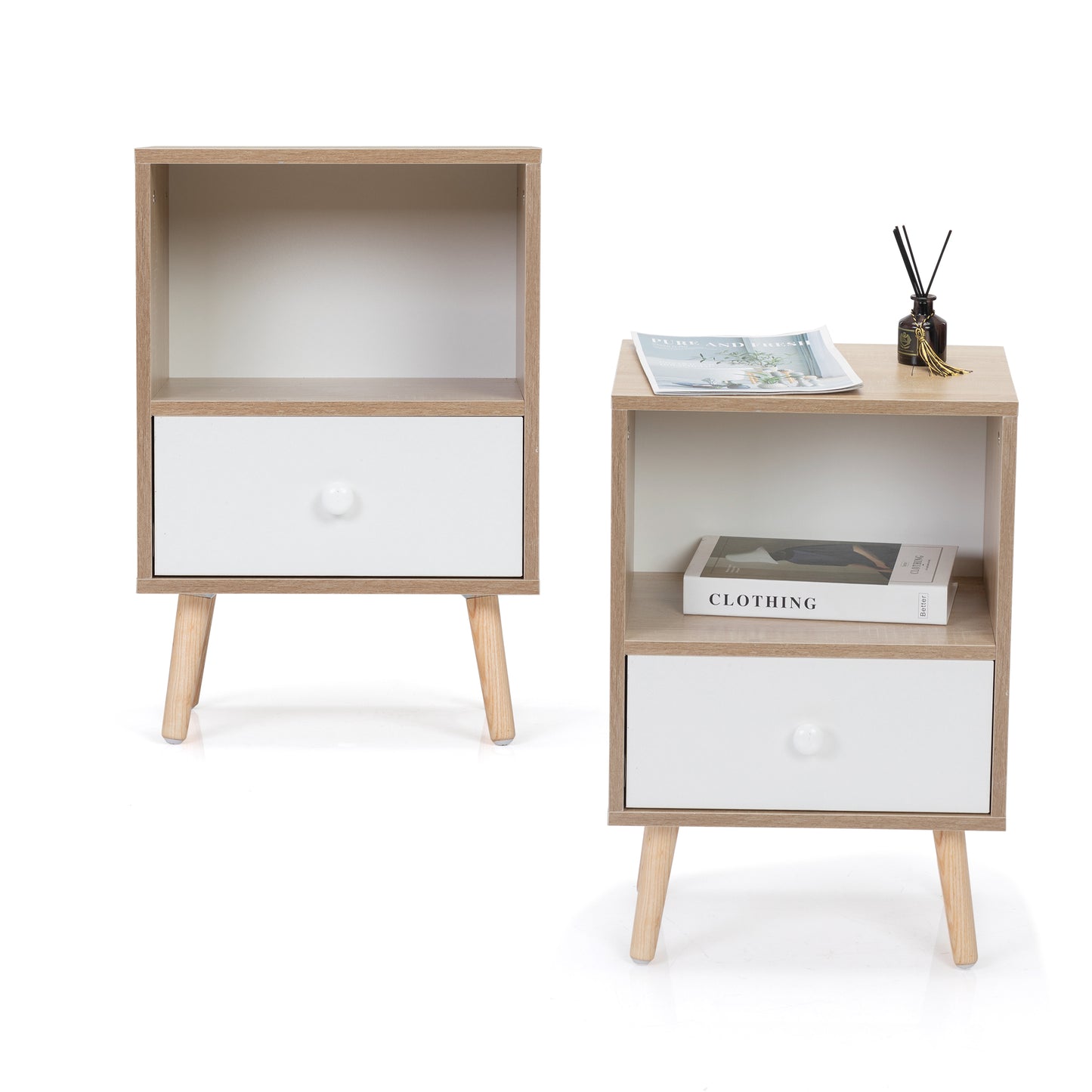 Modern twotone bedside table with one drawer and open shelf natural wood finish