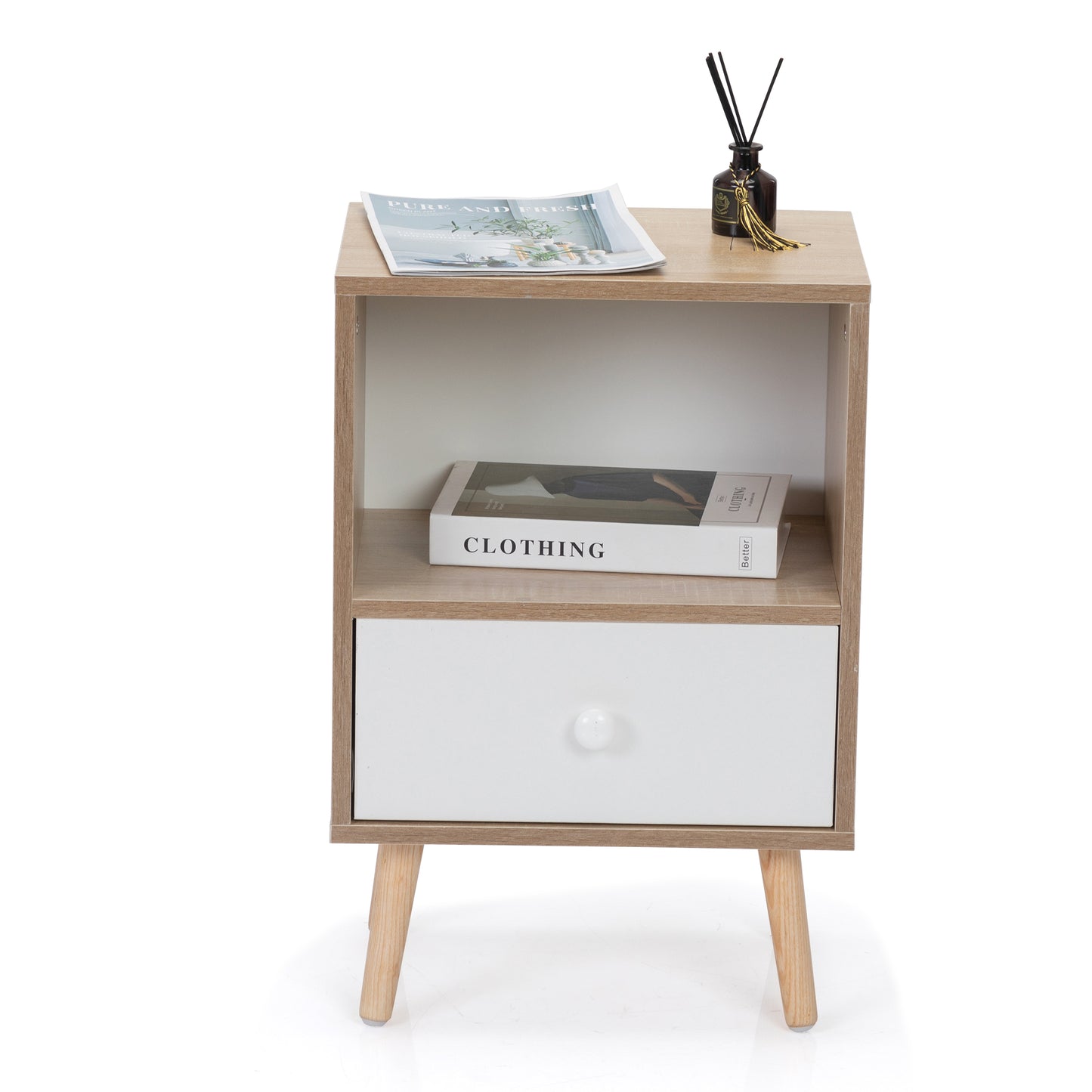 Light oak wood bedside table with white drawer and tapered legs
