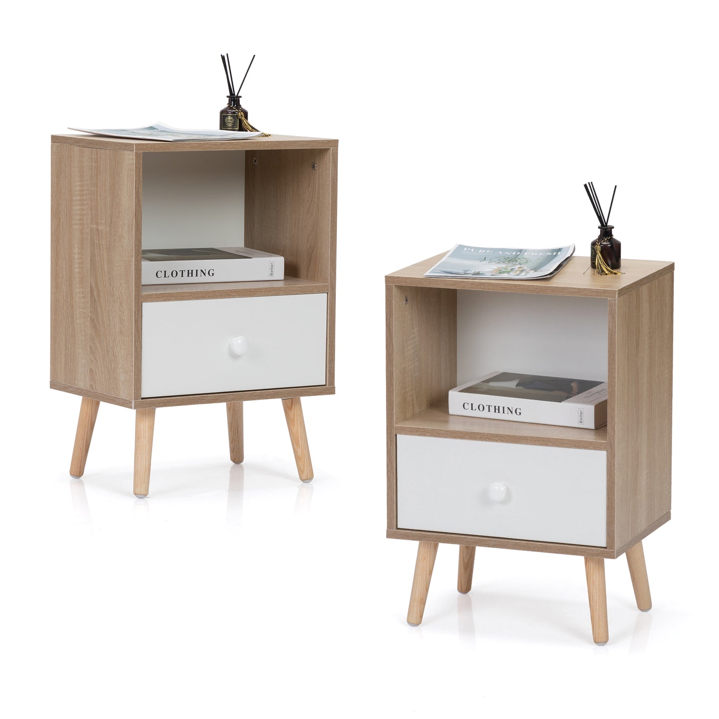 Light wood grain nightstand with white drawer and open shelf midcentury modern style