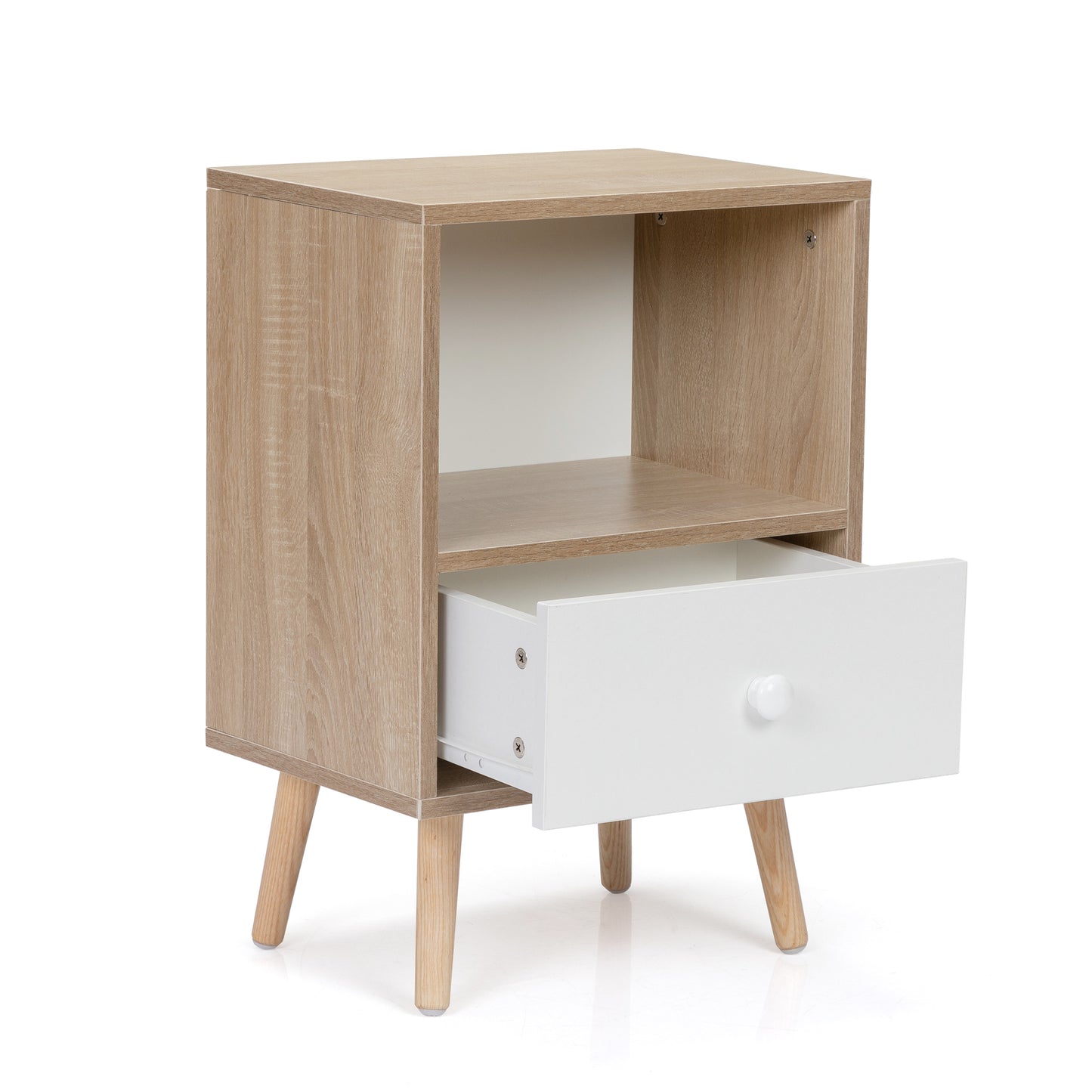 Modern oak effect bedside table with one white drawer and open shelf