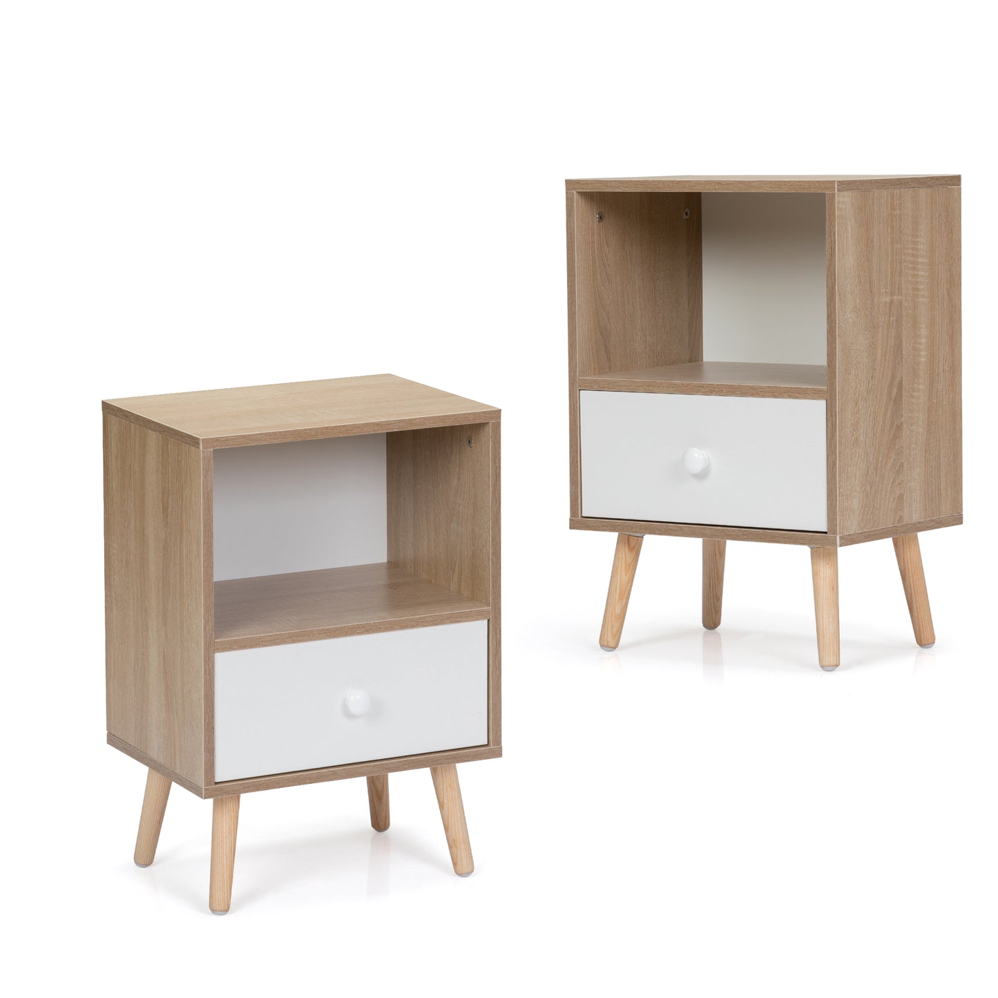 Two wooden bedside tables with white drawers and midcentury modern tapered legs