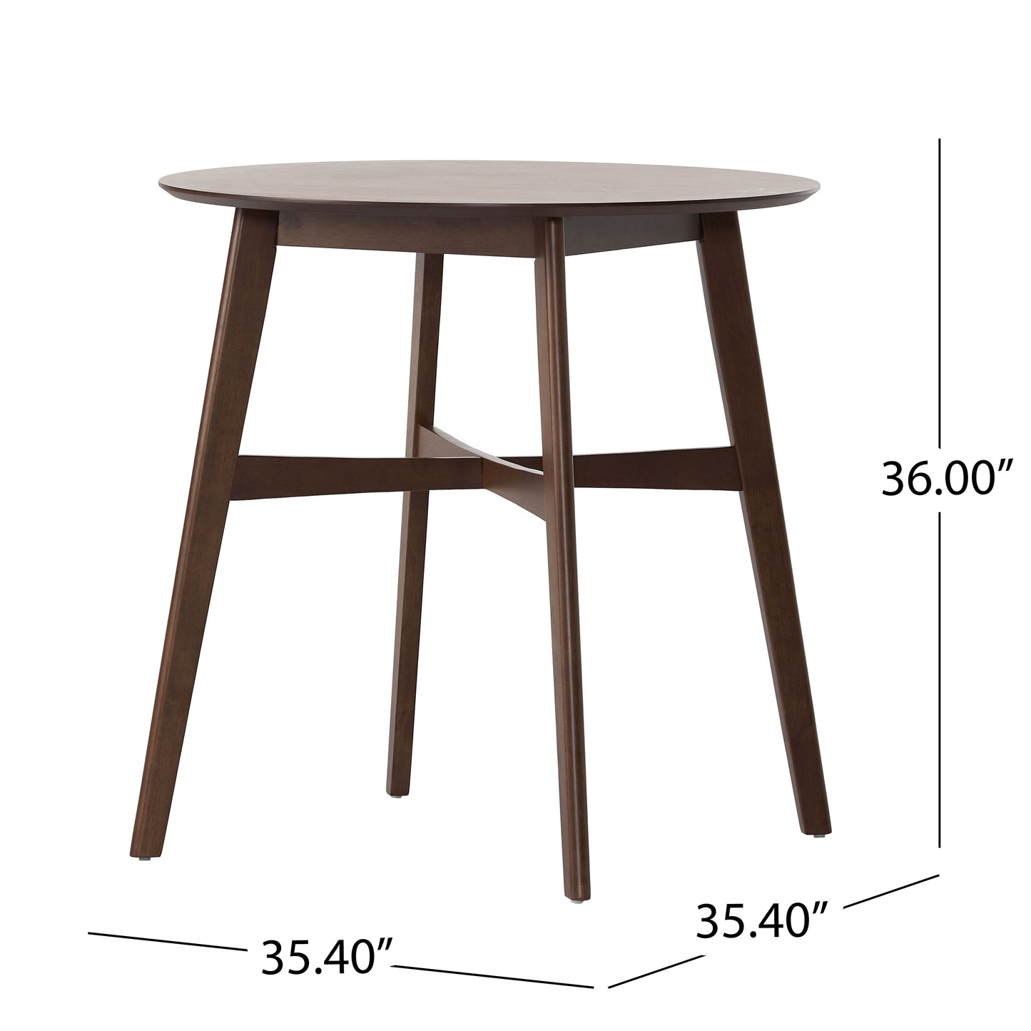 Dark wood round dining table with tapered legs