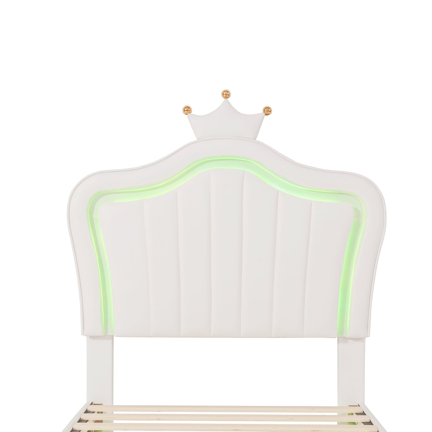White upholstered headboard with crown detail and green LED lights