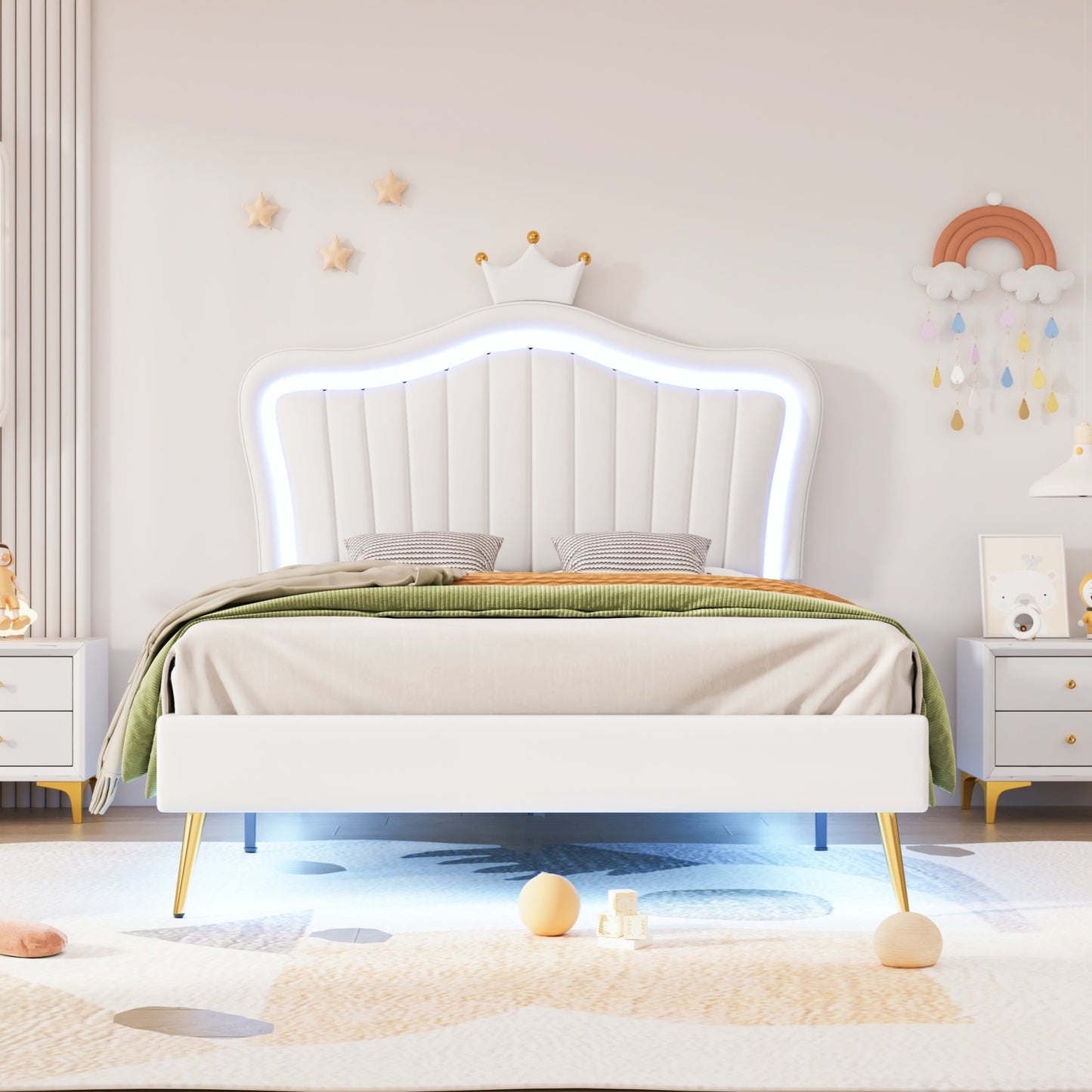 White upholstered twin bed with LED lights and crown headboard