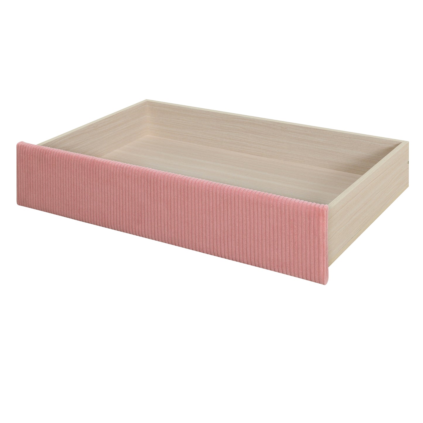 Pink corduroy drawer front with light wood interior