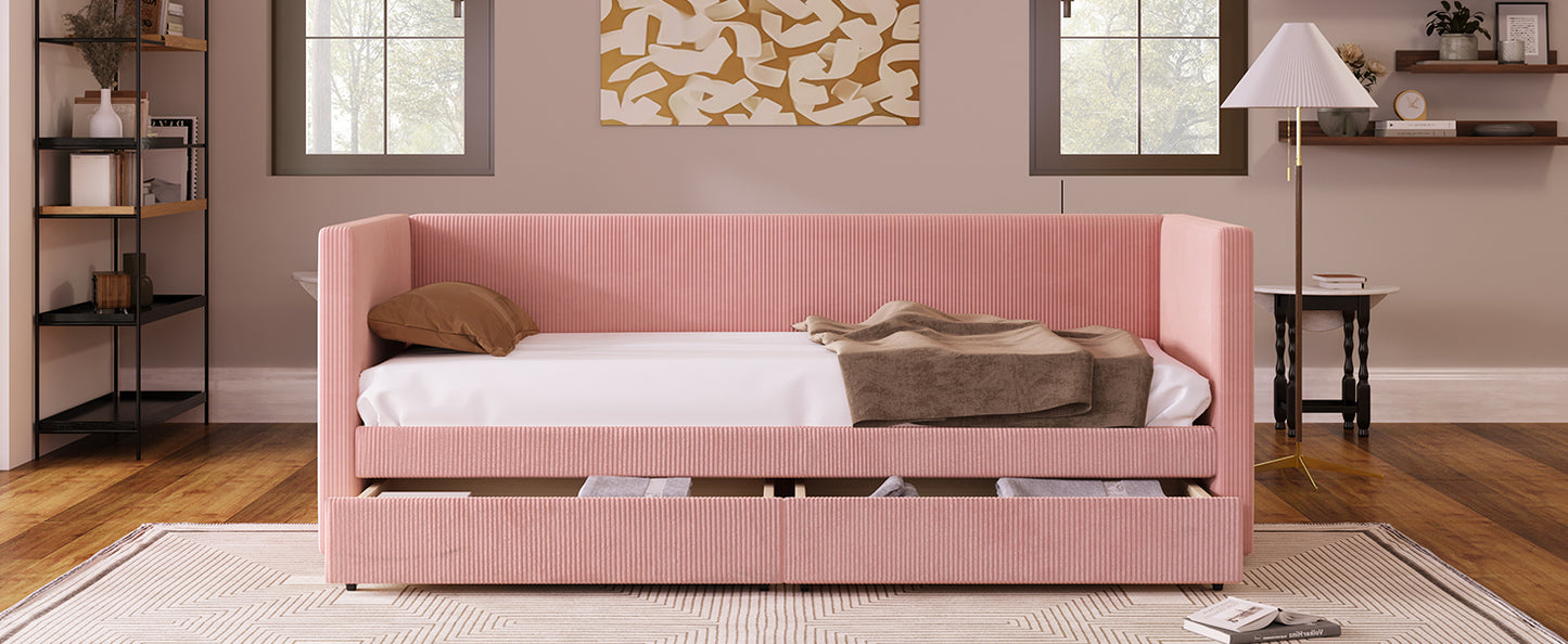 Pink velvet daybed with integrated storage drawers