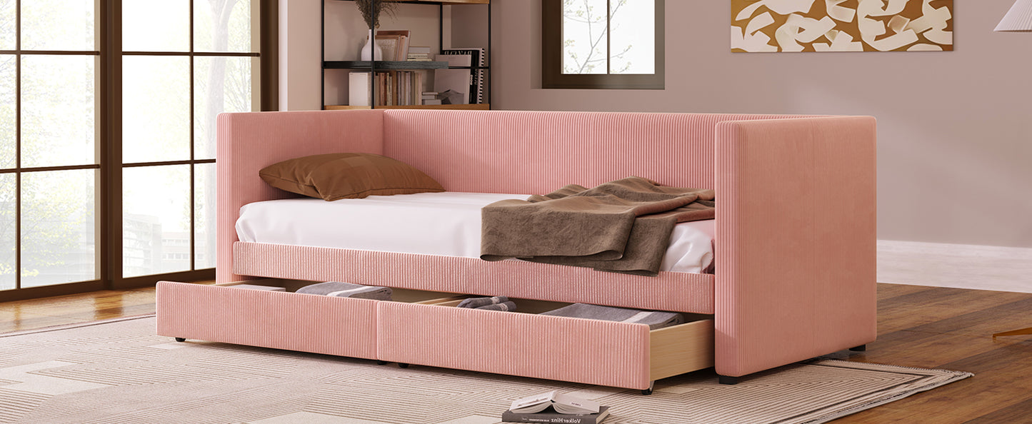 Pink corduroy daybed with drawers and brown pillow