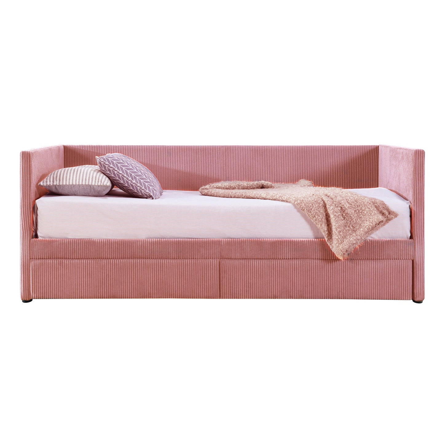 Pink corduroy daybed with white striped mattress and decorative pillows