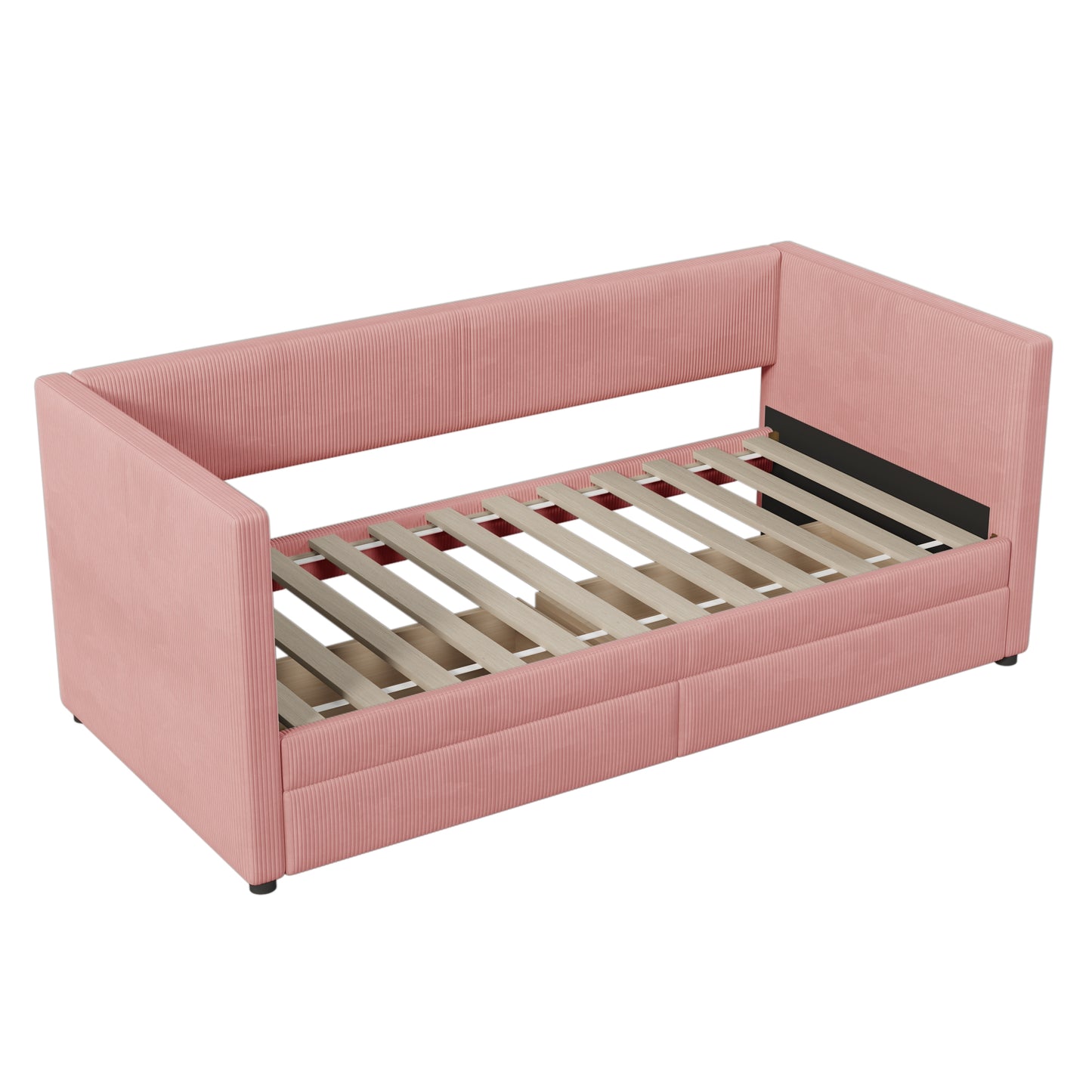 Pink corduroy daybed with wooden slats for mattress support