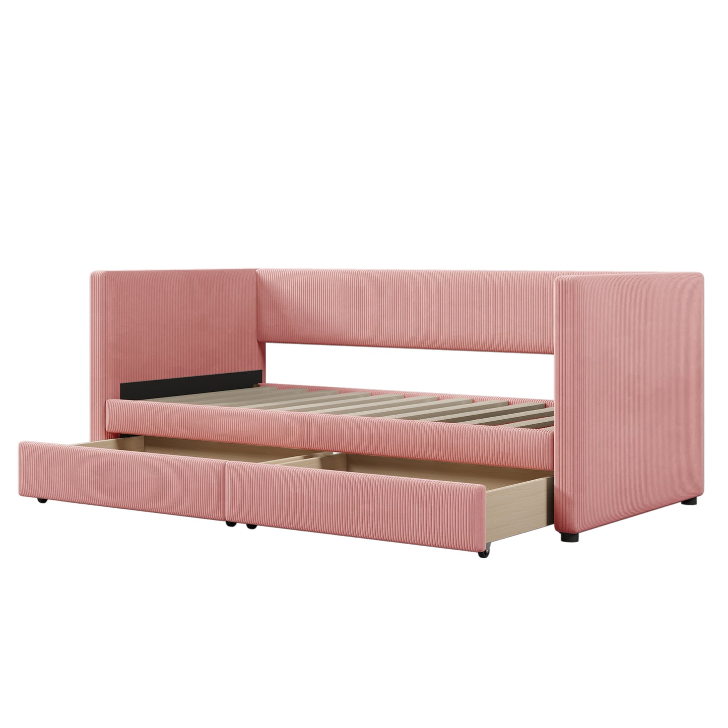 Pink corduroy daybed with two pullout storage drawers and slatted mattress support