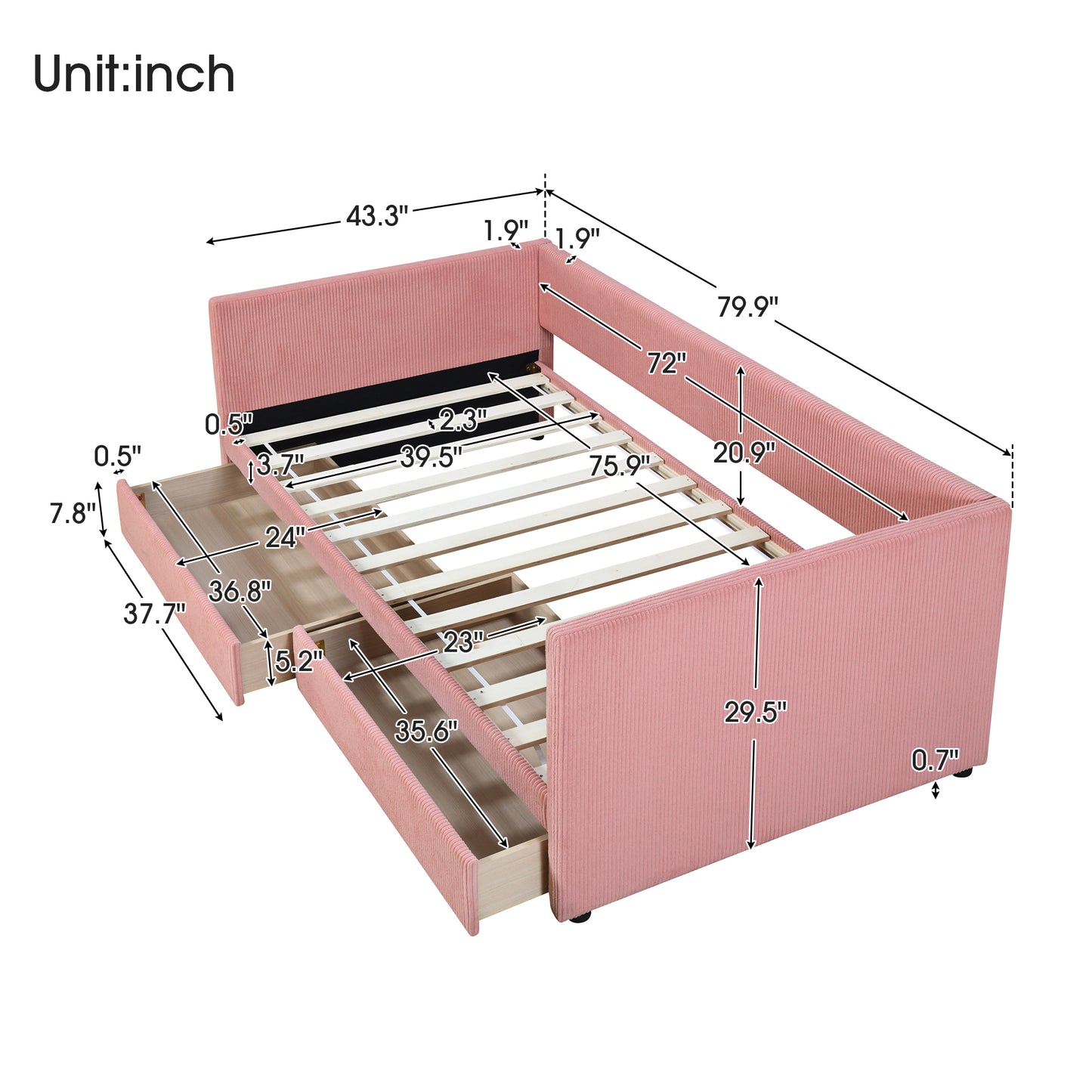 Pink corduroy twin daybed with three storage drawers and side rails