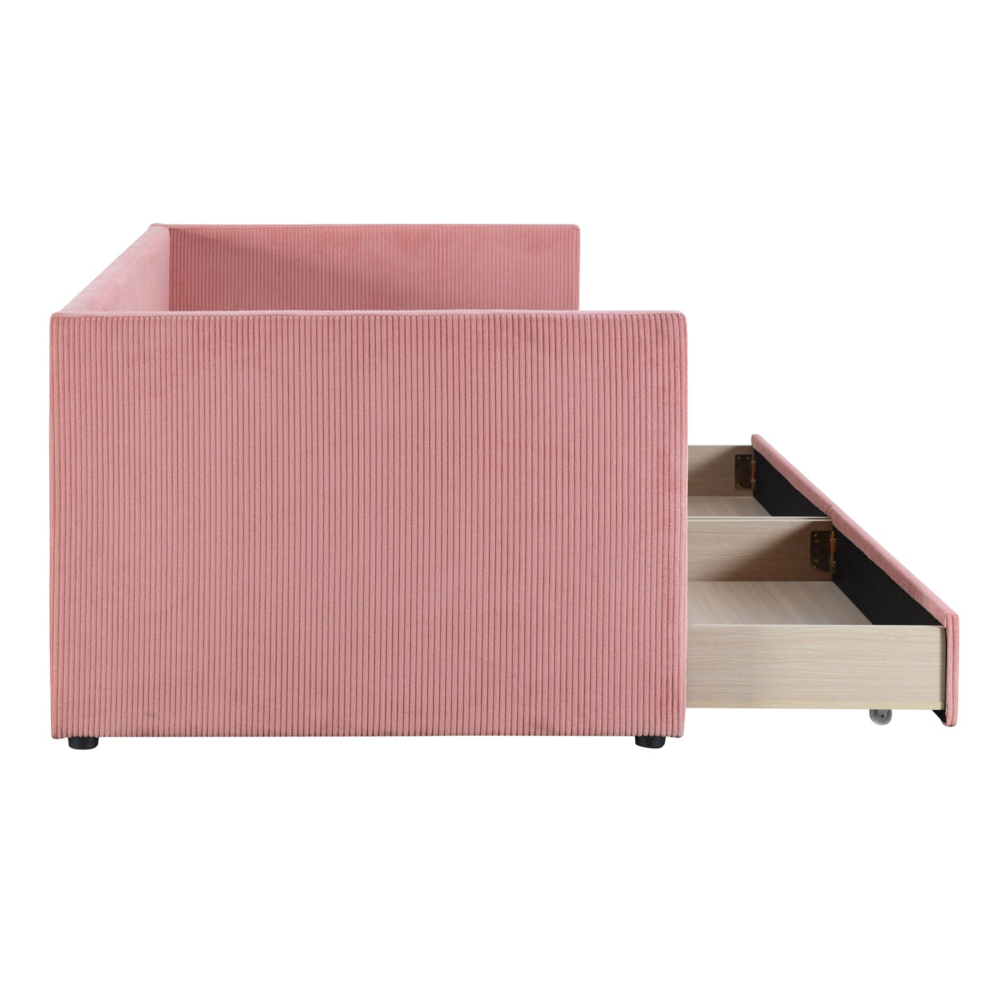 Pink corduroy daybed with exposed storage drawers