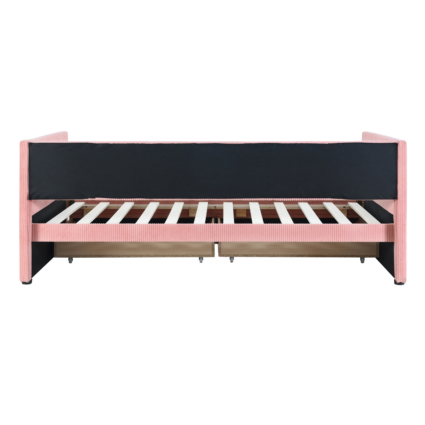 Pink corduroy daybed with exposed slatted base and two pullout drawers