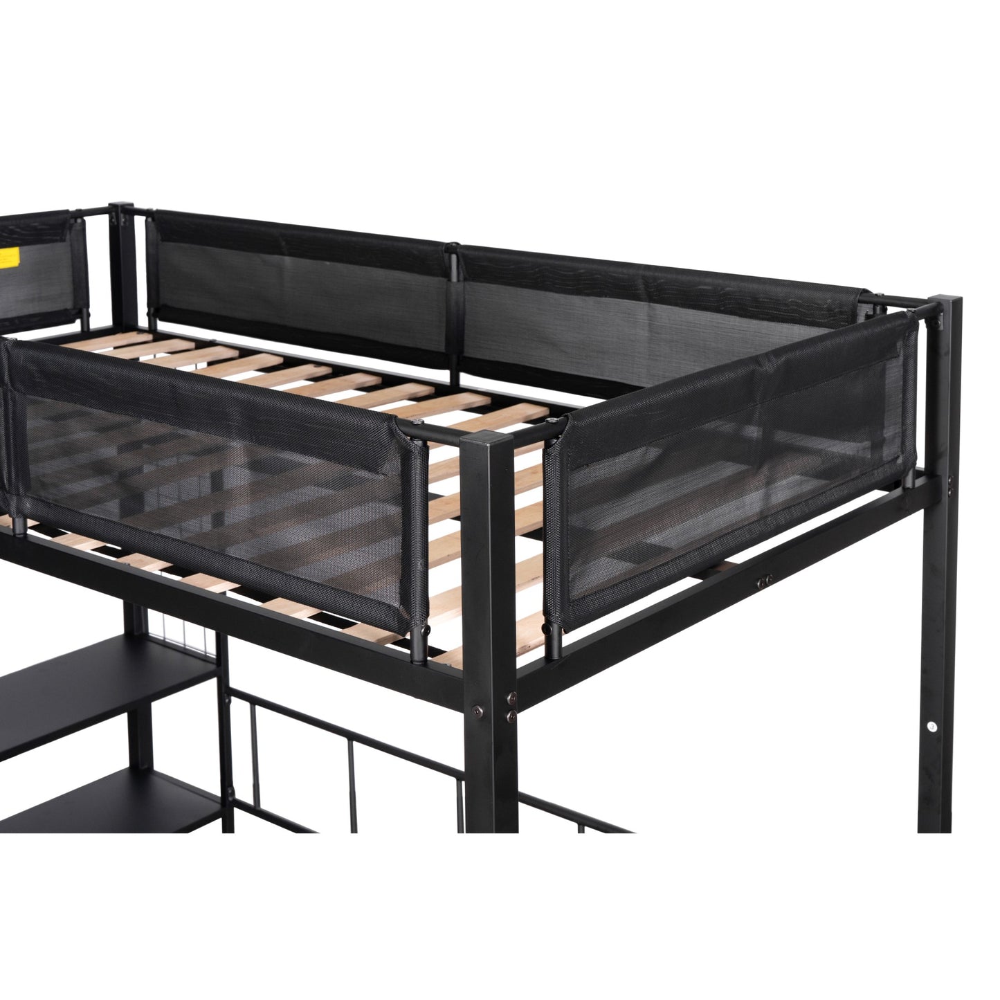 Black metal loft bed frame with mesh safety rails and wooden slats
