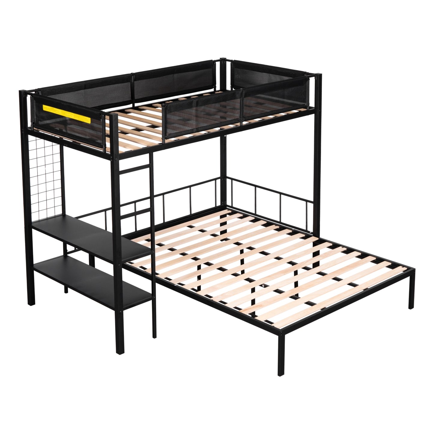 Black metal loft bed with integrated shelves and guardrails
