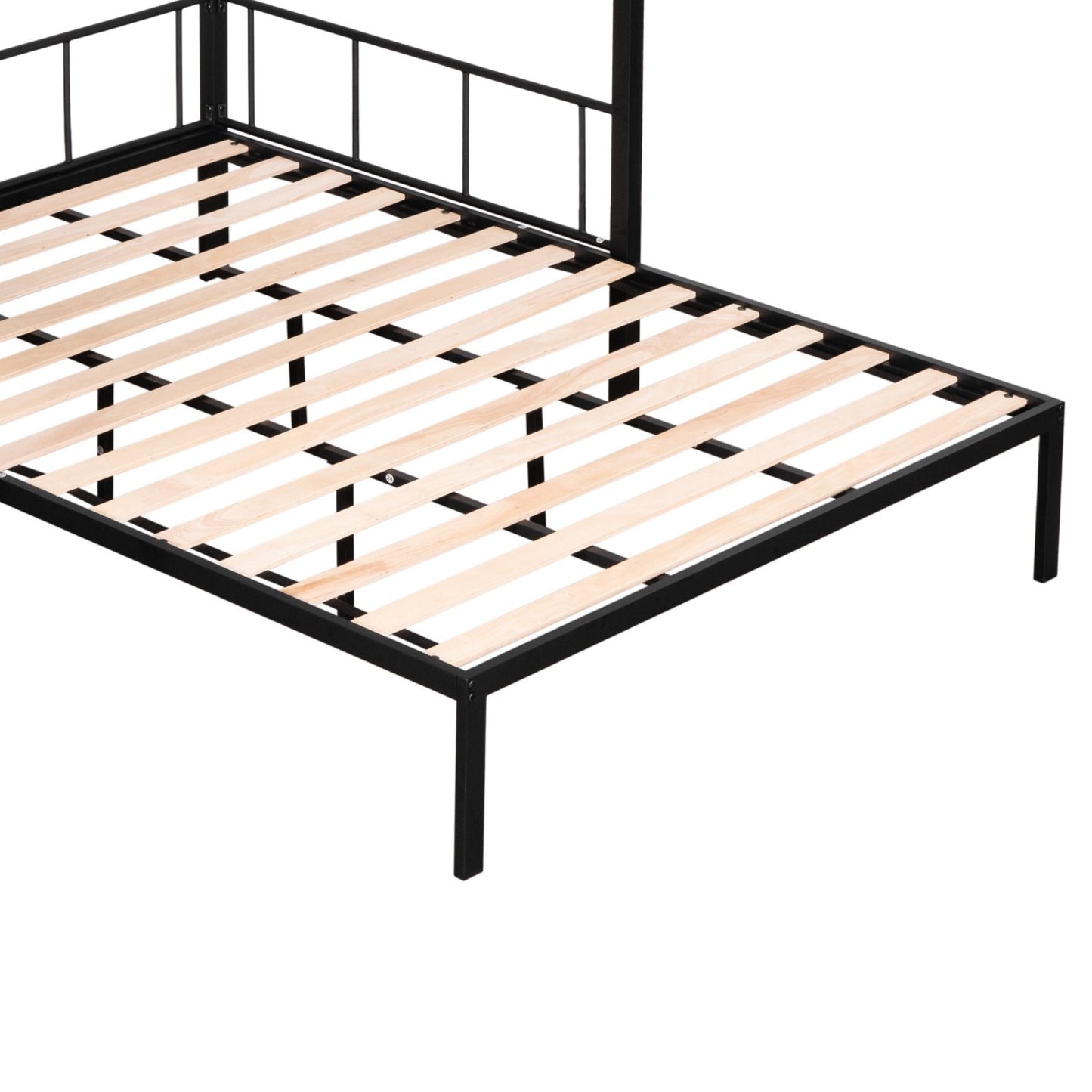 Black metal bed frame with wooden slats