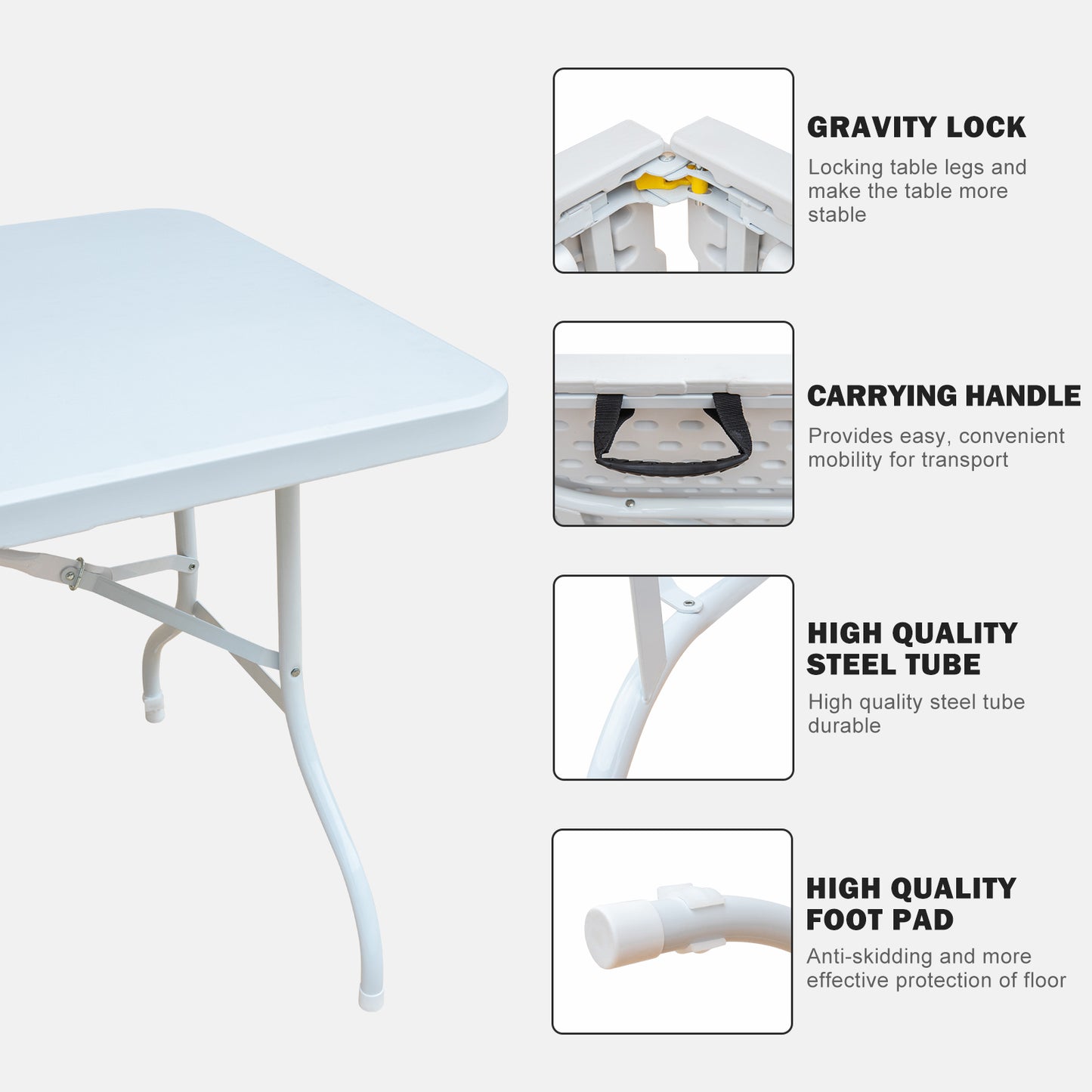 White folding table with gravity lock mechanism