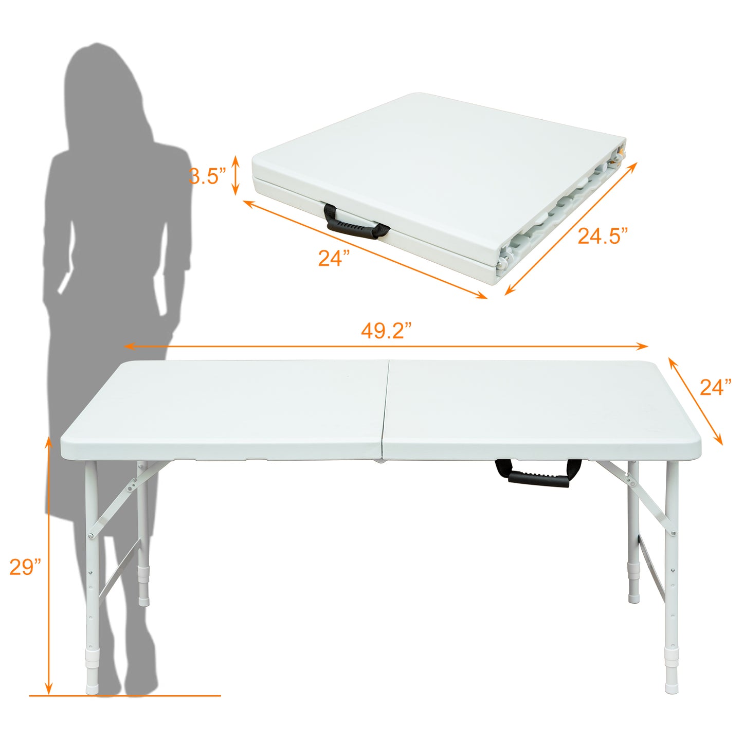 White folding table L x W with adjustable legs and carrying handle