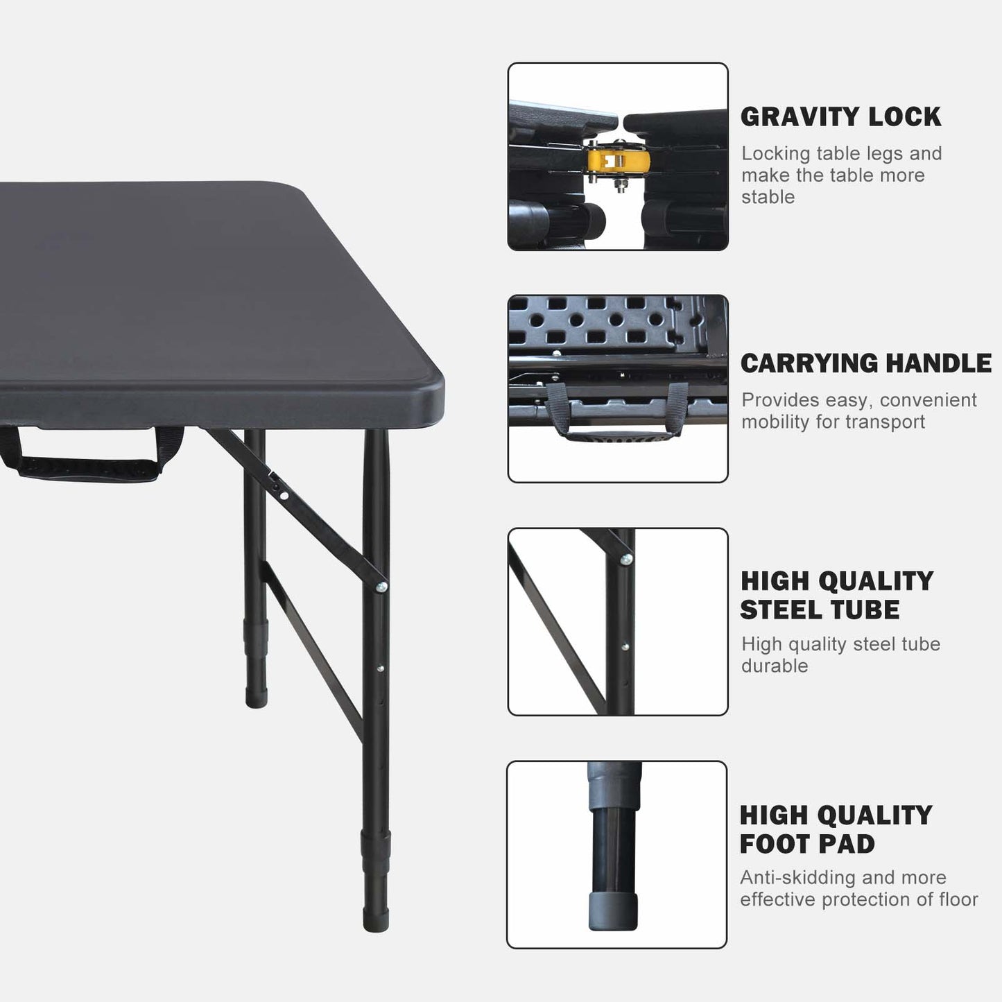 Black folding table with gravity lock mechanism for stability
