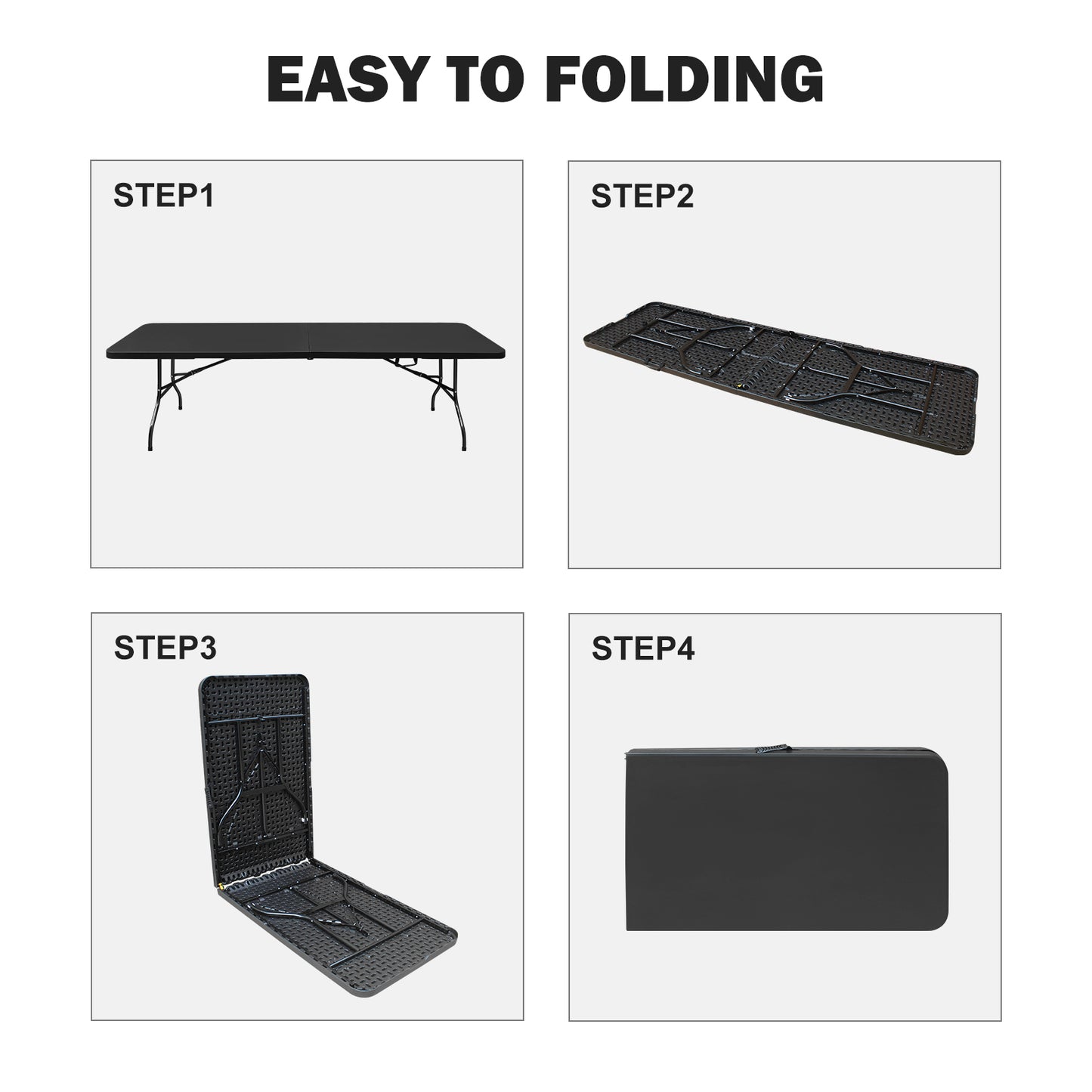 Step Fully extended black folding table with metal legs