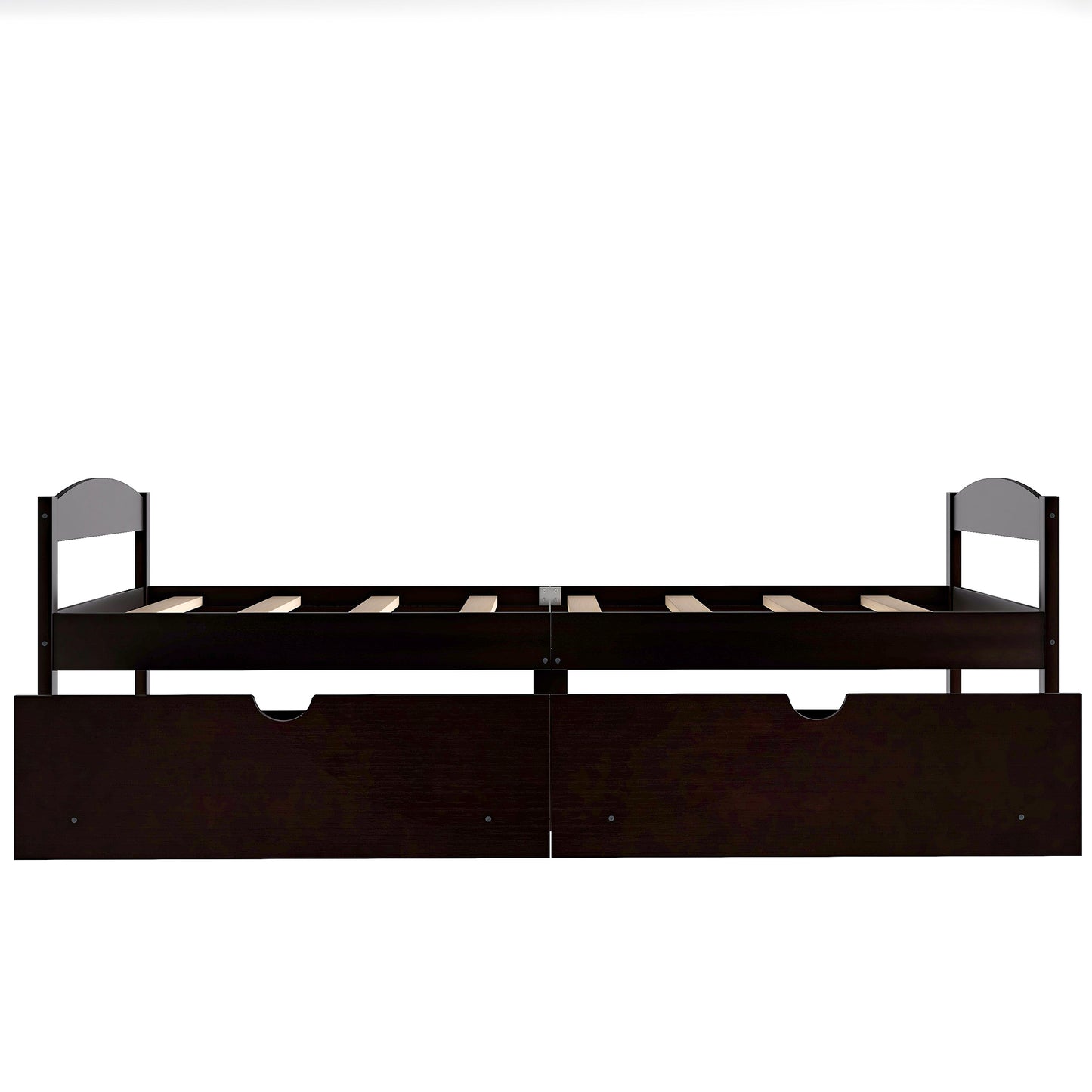 Dark wood twin bed frame with two underbed storage drawers