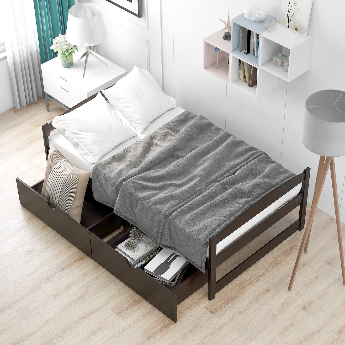 Dark brown wooden twin bed frame with storage drawers