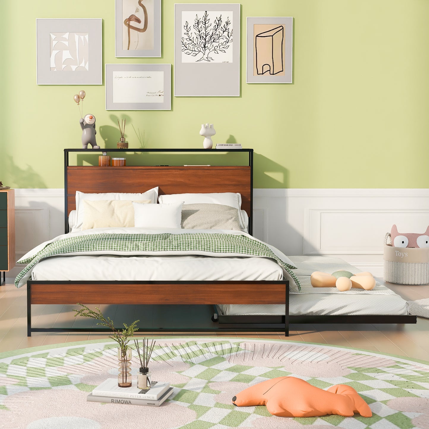 Twin bed with wooden headboard and pullout trundle