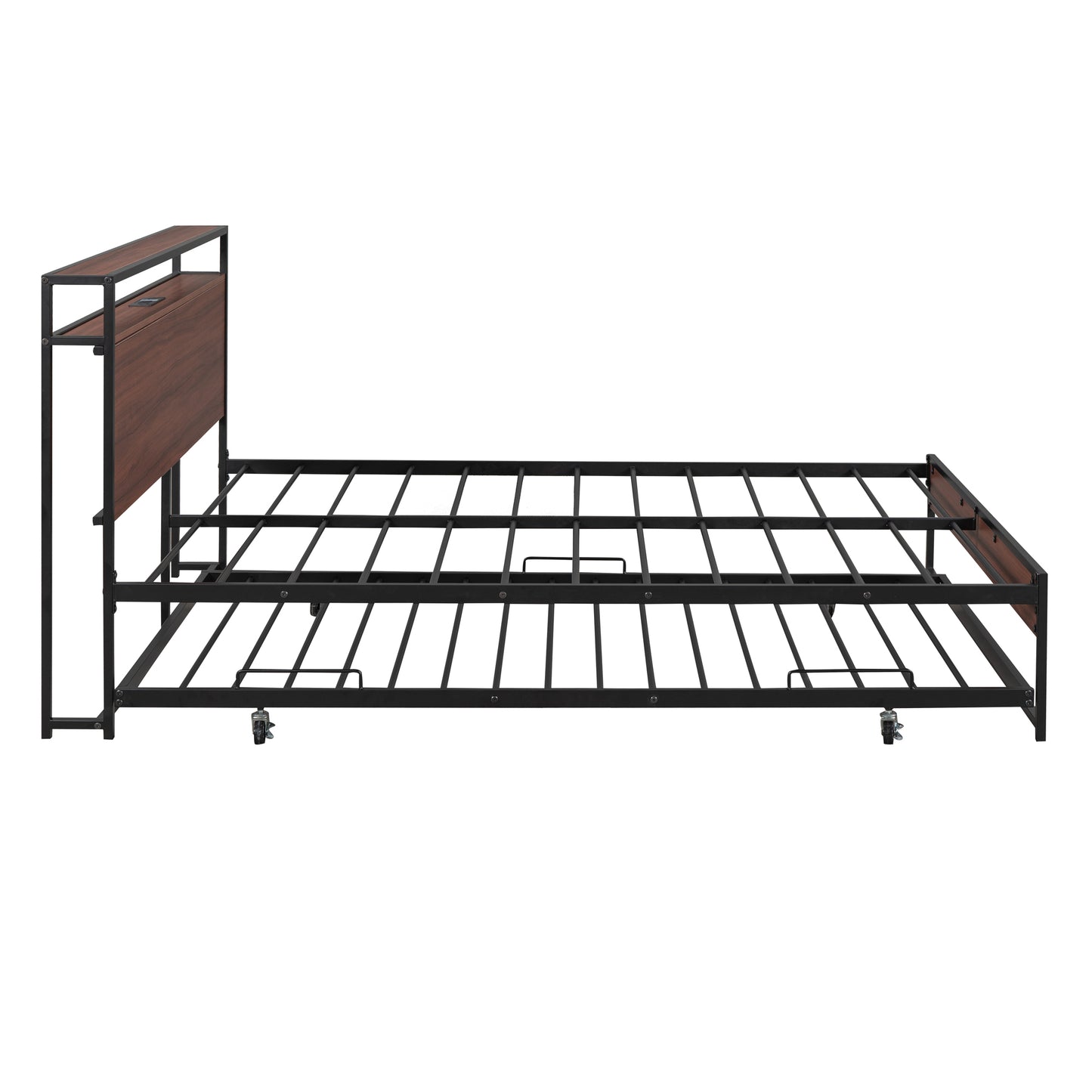 Metal daybed frame with a cherry wood headboard featuring integrated charging ports