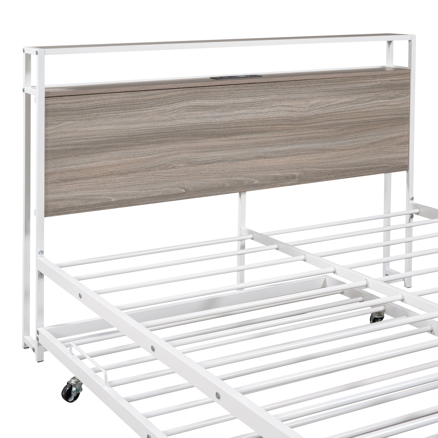White metal bed frame with grey wood headboard featuring power outlet