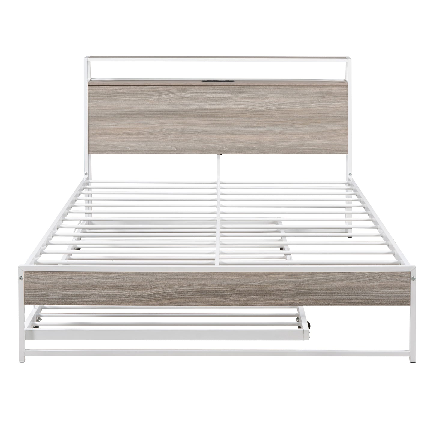 White metal bed frame with a woodgrain headboard and footboard