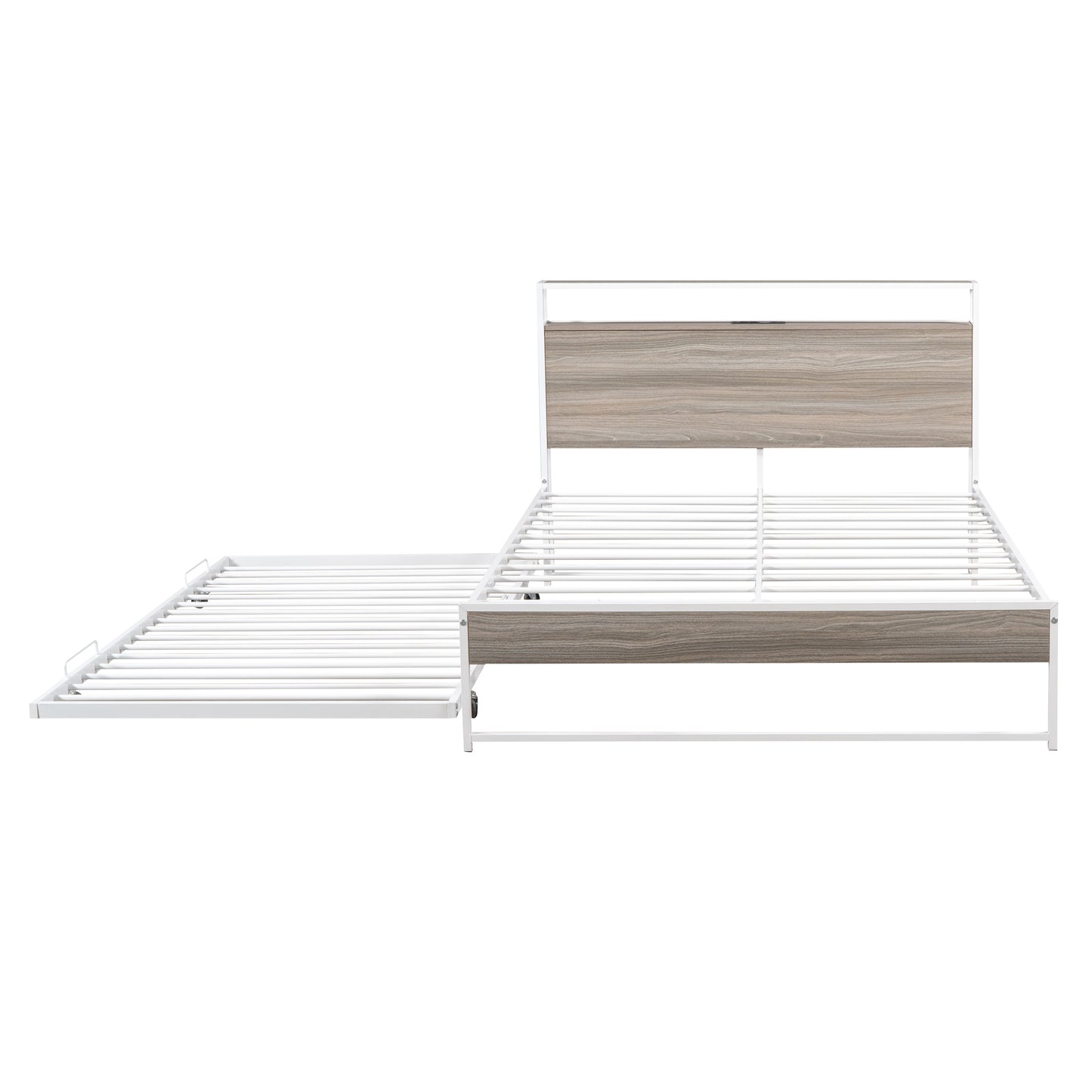 White metal bed frame with wood grain headboard and pullout trundle