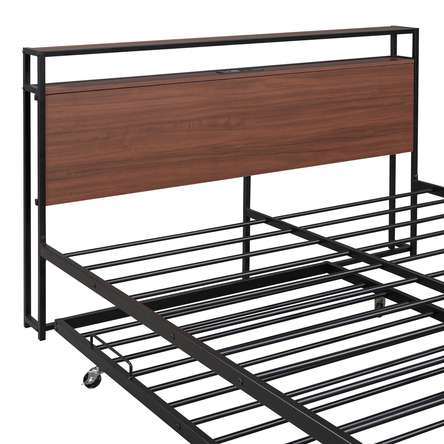 Modern platform bed frame with walnut headboard and integrated charging station