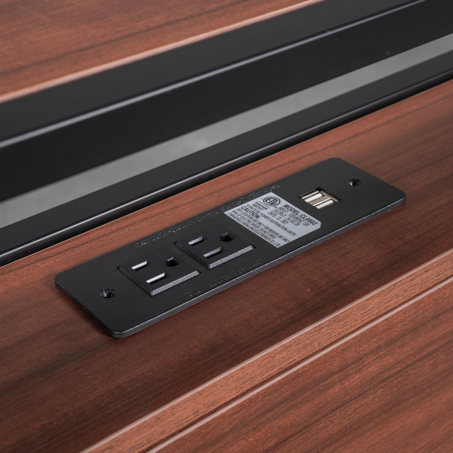 Recessed power outlet with two AC sockets and two USB ports on dark wood finish