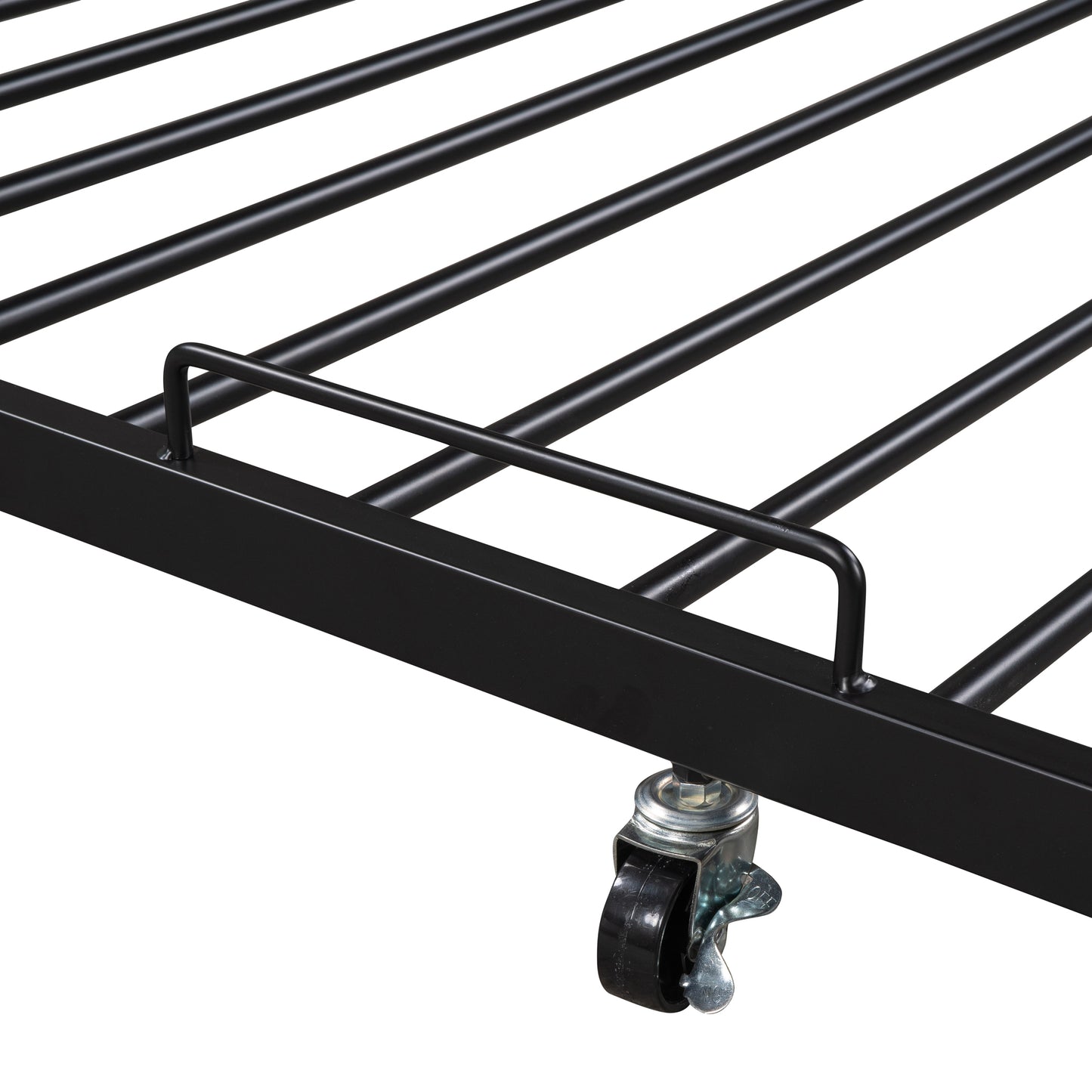 Black metal bed frame slats with a caster wheel