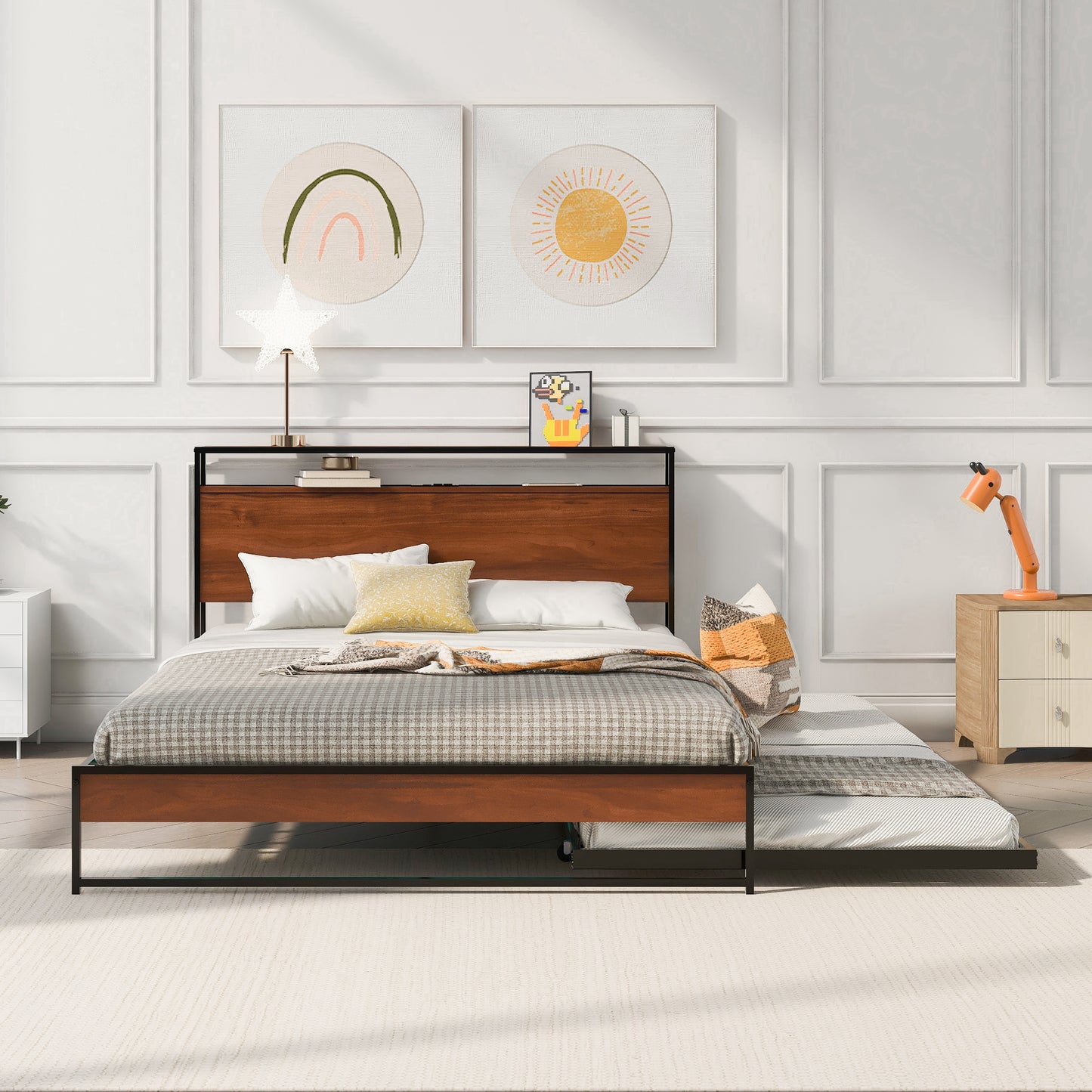 Modern wood and metal platform bed with a pullout trundle and builtin headboard shelf