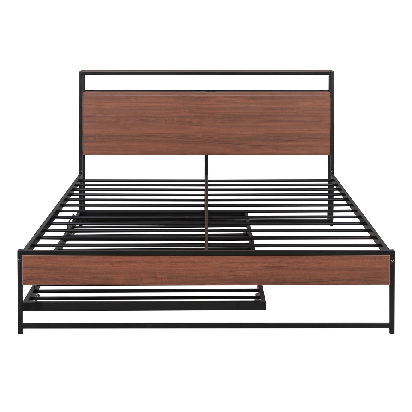 Modern black metal and wood grain platform bed frame