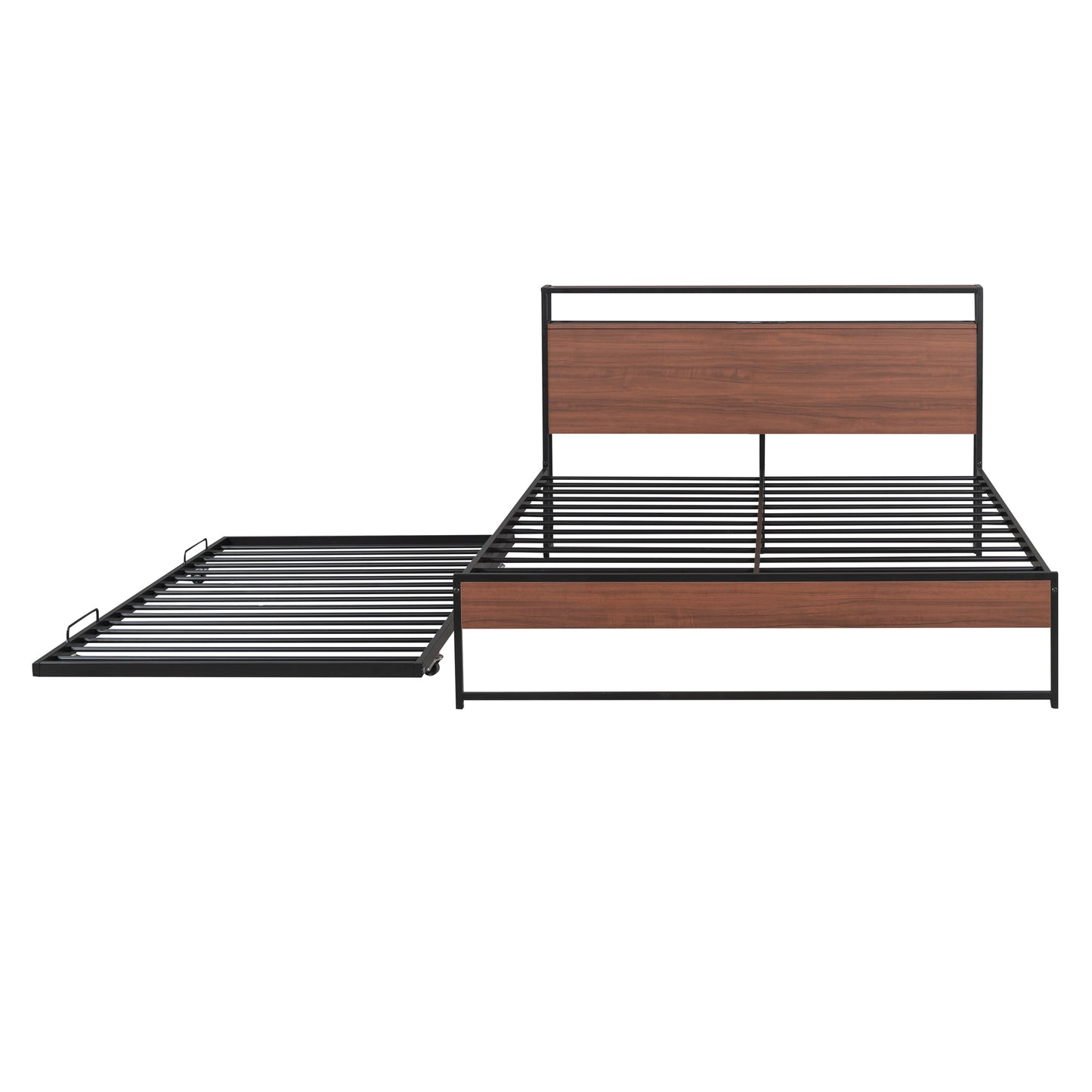Metal platform bed frame with walnut finish headboard and pullout trundle