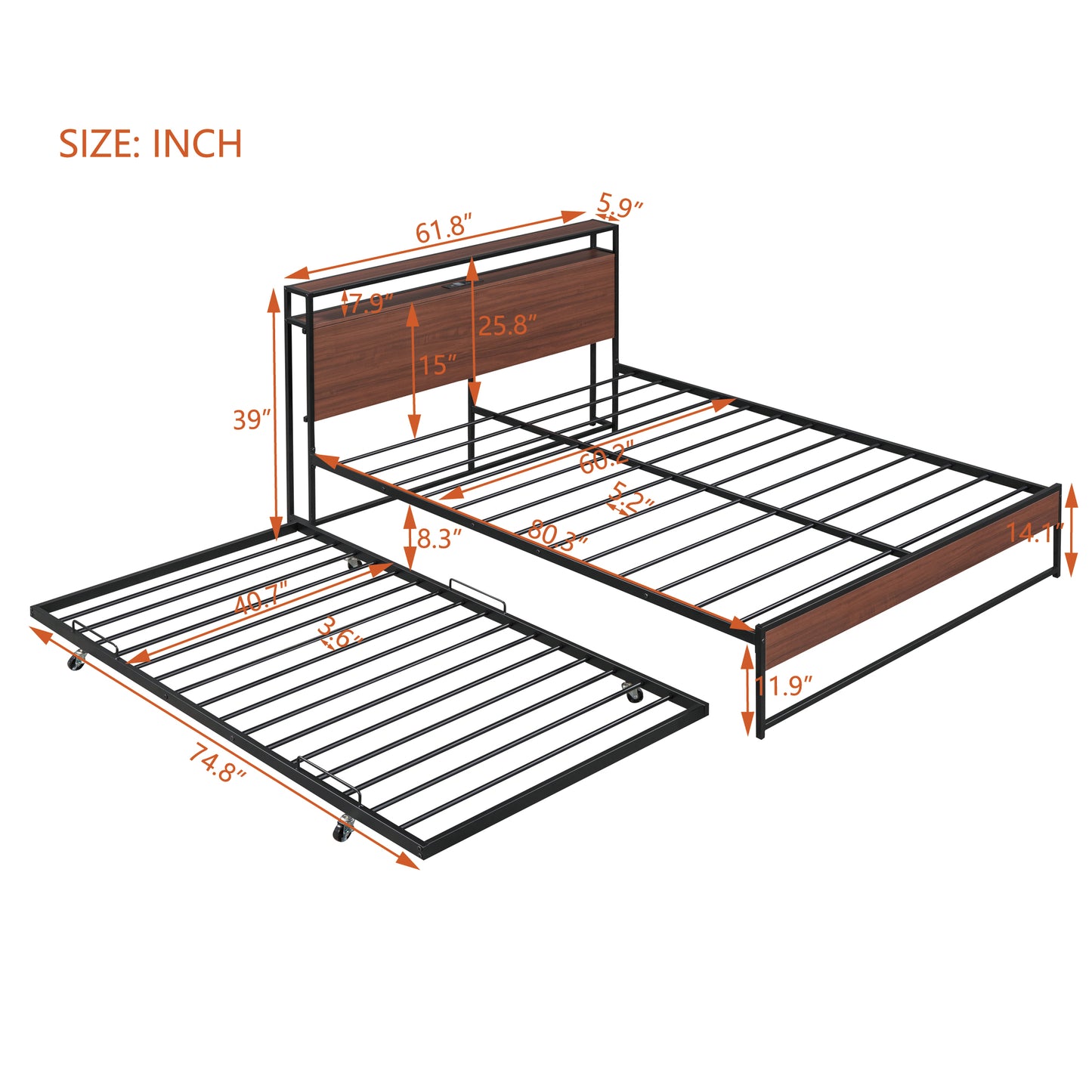 Black metal daybed with pullout trundle and woodgrain headboard