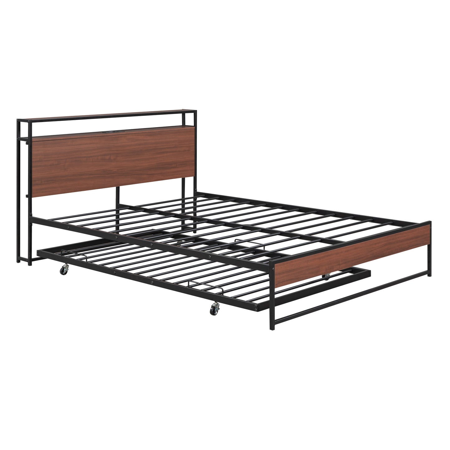 Wooden headboard trundle bed frame with black metal slats and wheels