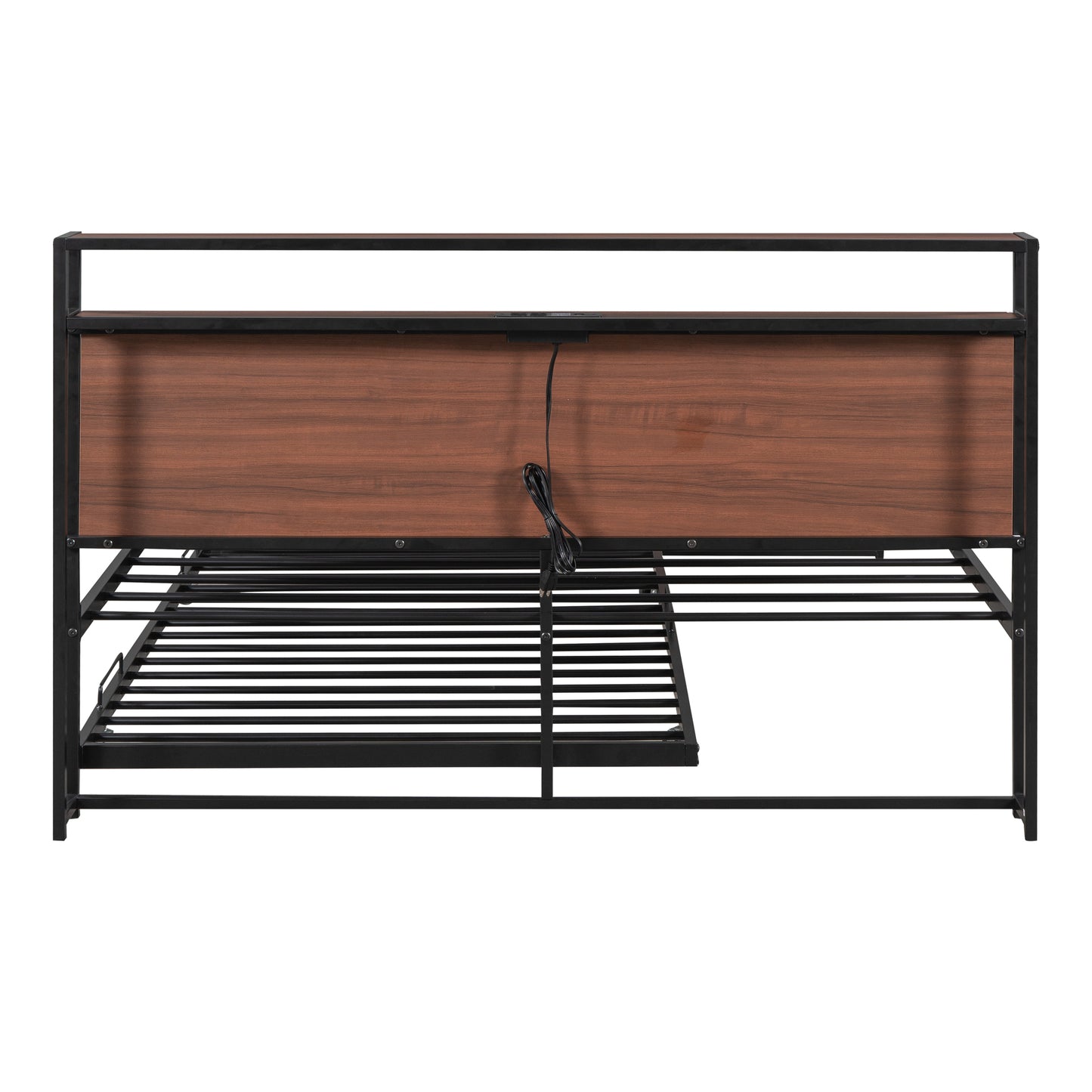 Black metal frame bed with woodgrain headboard and integrated charging ports