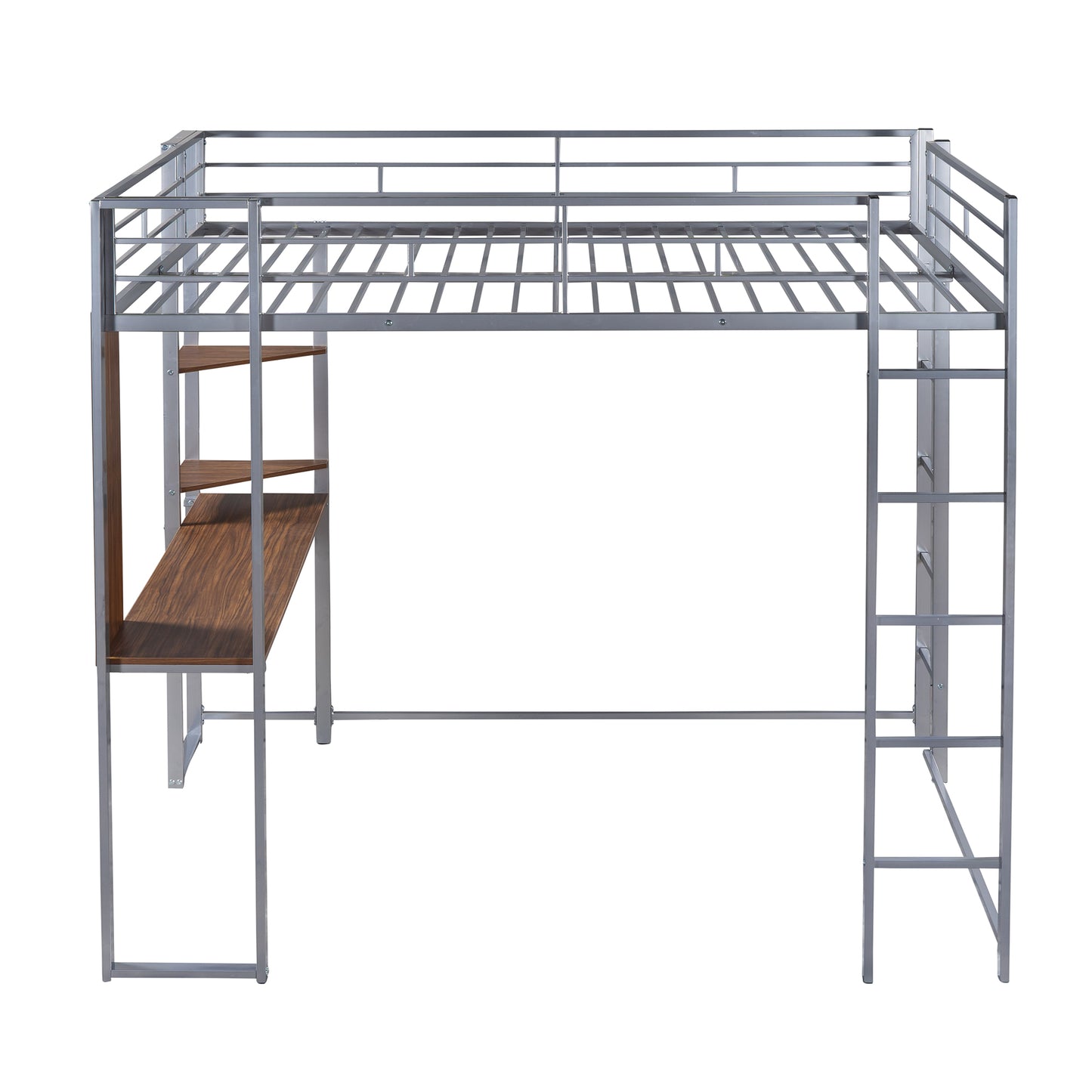 Silver metal loft bed with attached wooden desk and shelves